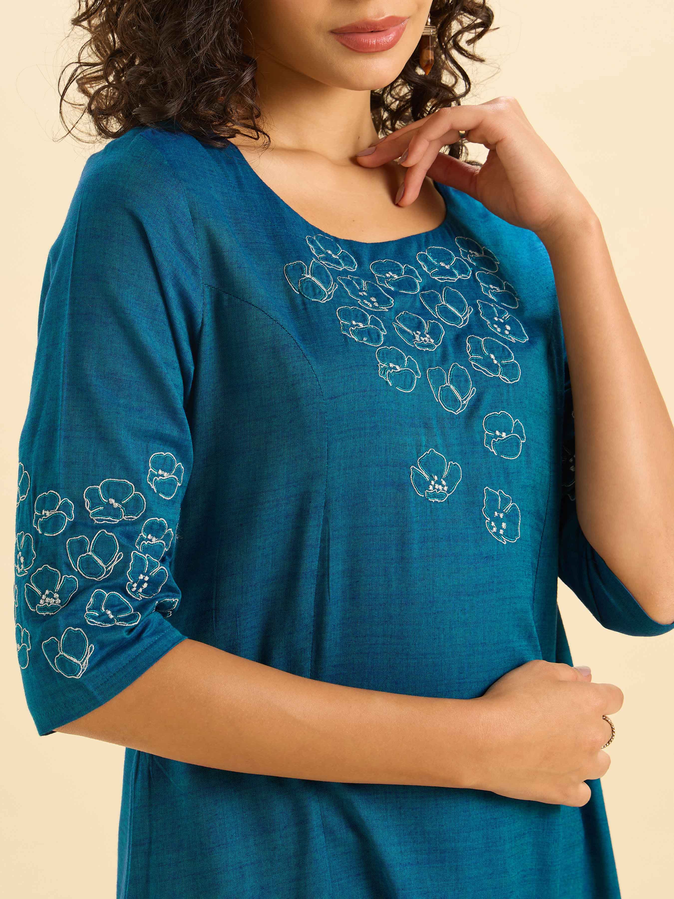 Teal Blue Cotton Viscose Kurti With Embroidery