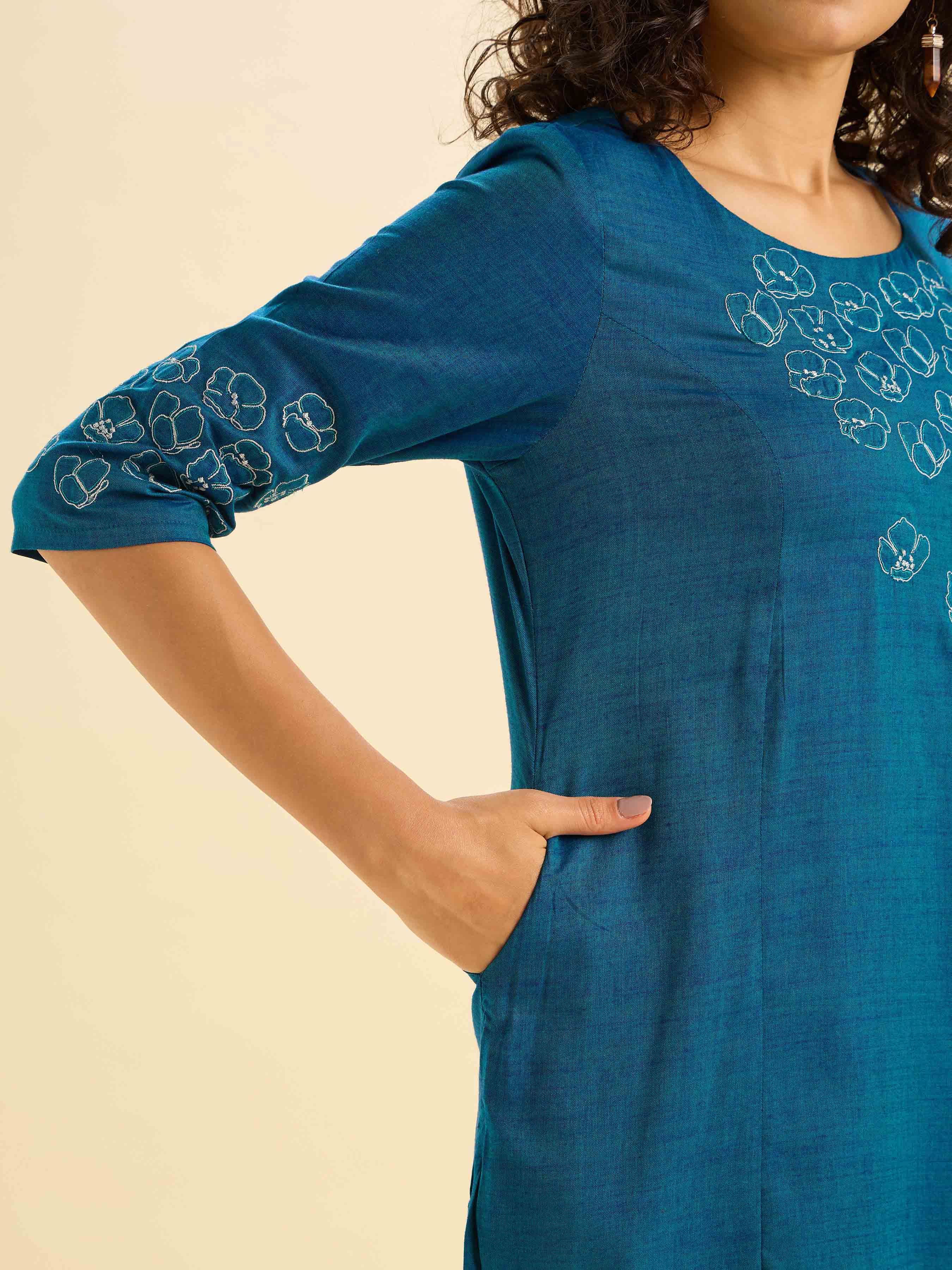 Teal Blue Cotton Viscose Kurti With Embroidery