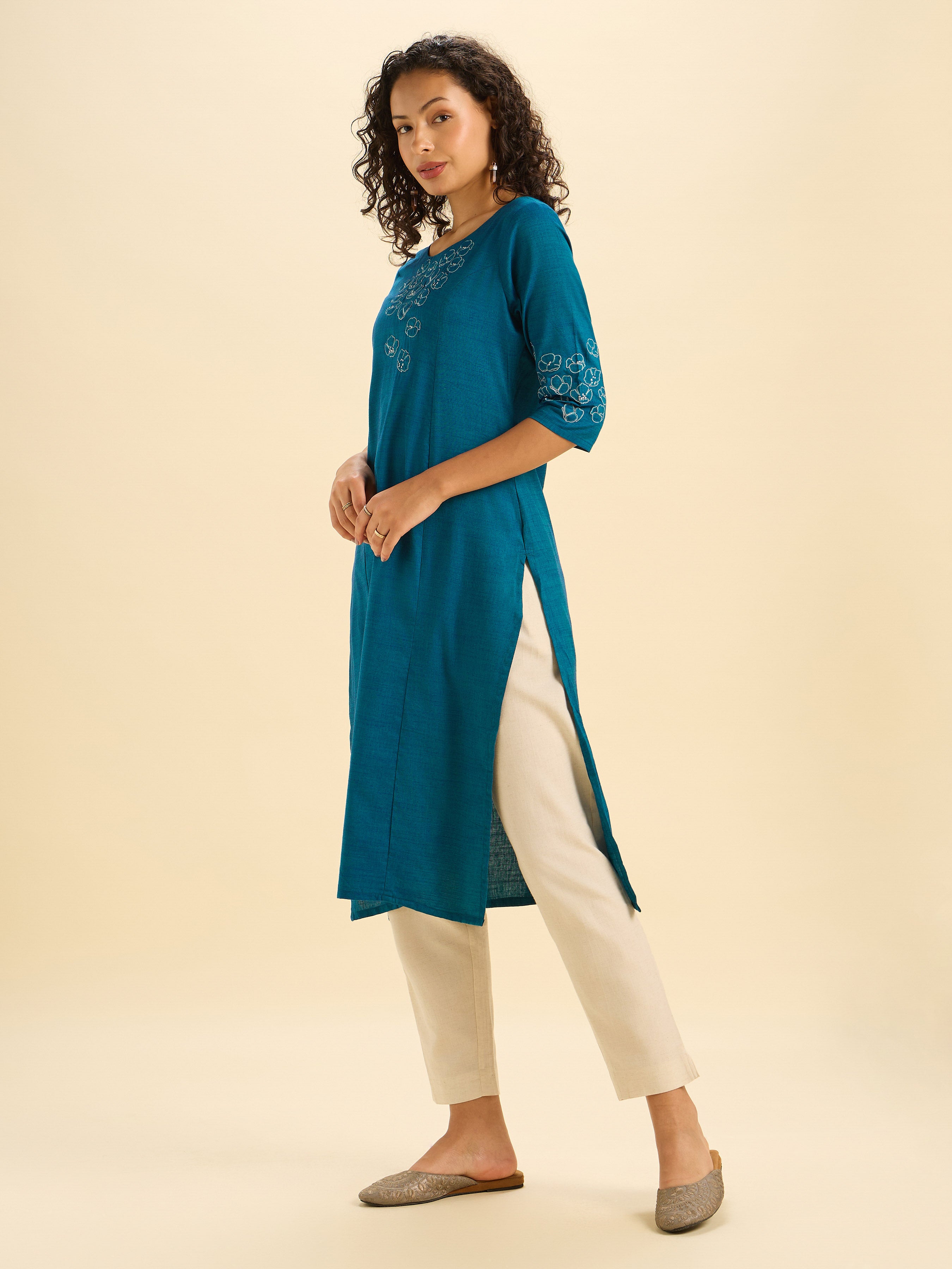 Teal Blue Cotton Viscose Kurti With Embroidery