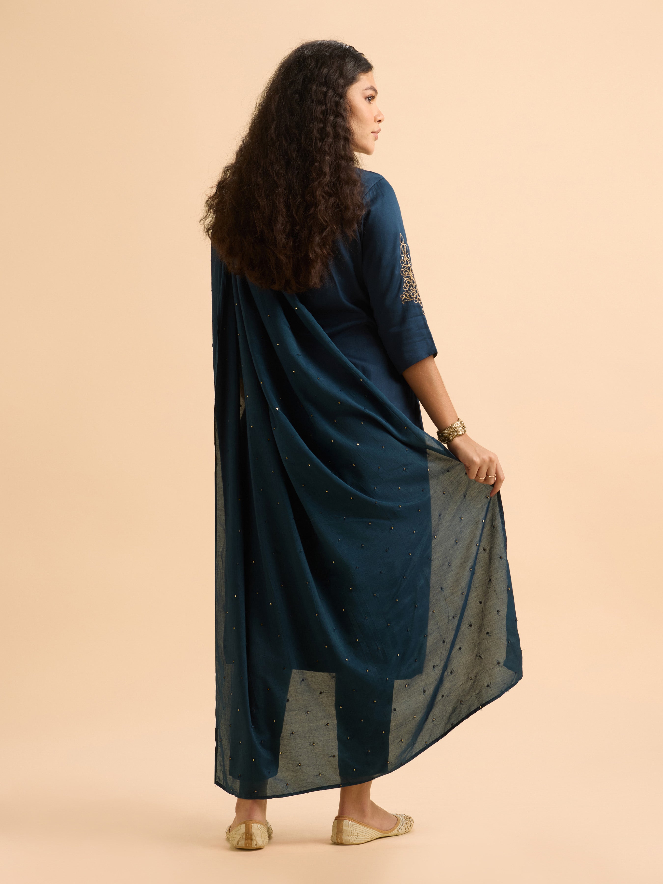 Teal Blue Poly Viscose Plain Slitted Kurti Set With Embroidery And Sequins Work