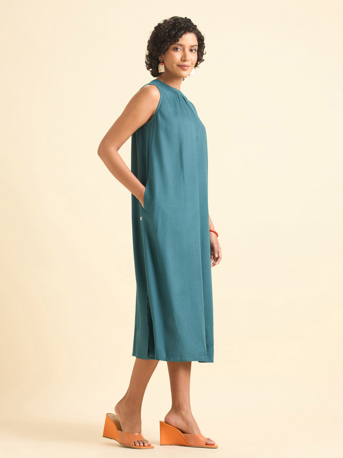 Teal Blue Viscose Plain Flared Kurti
