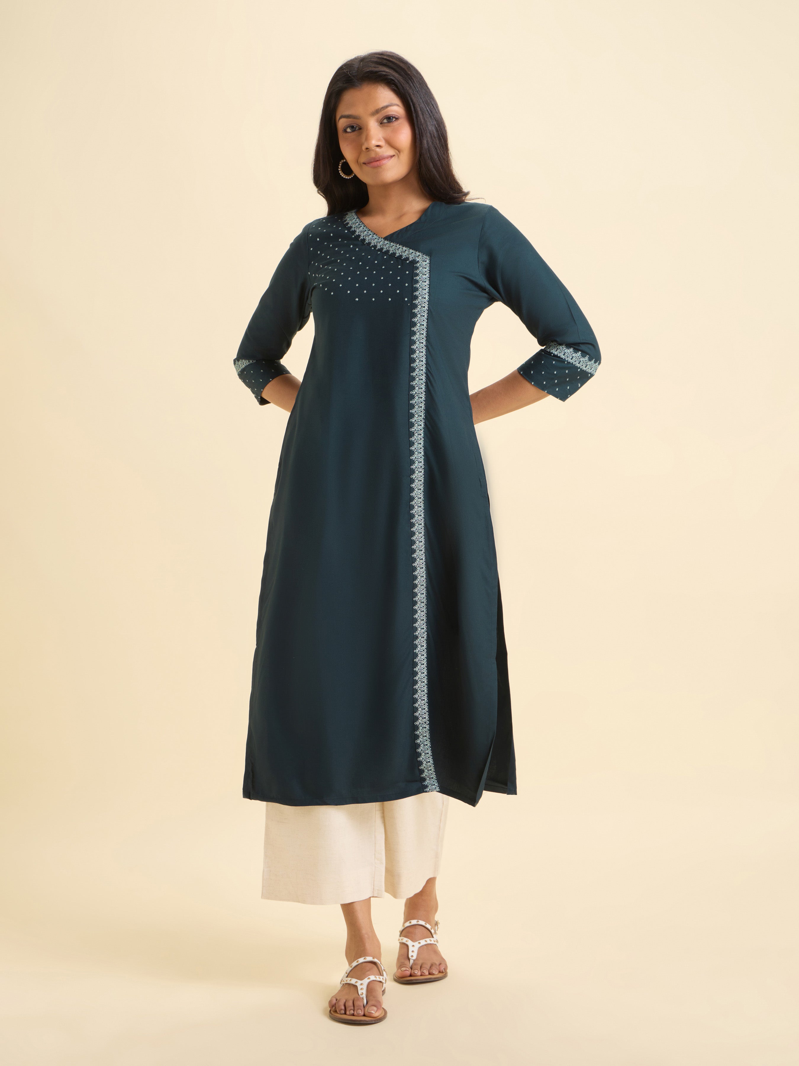 Teal Green Colour Viscose Plain Slitted Kurti With Embroidery
