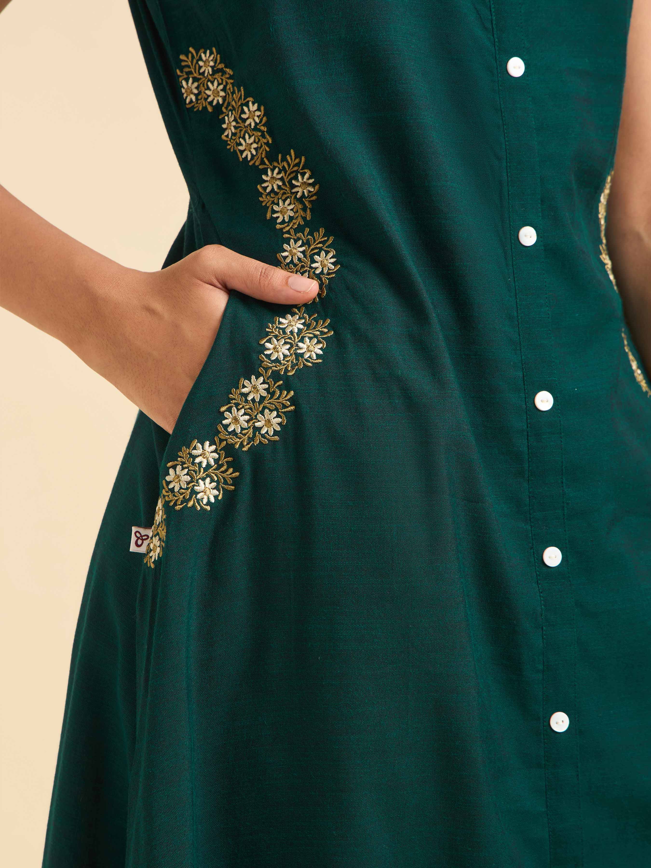 Teal Green Cotton Viscose Slub Plain Flared Kurti With Embroidery