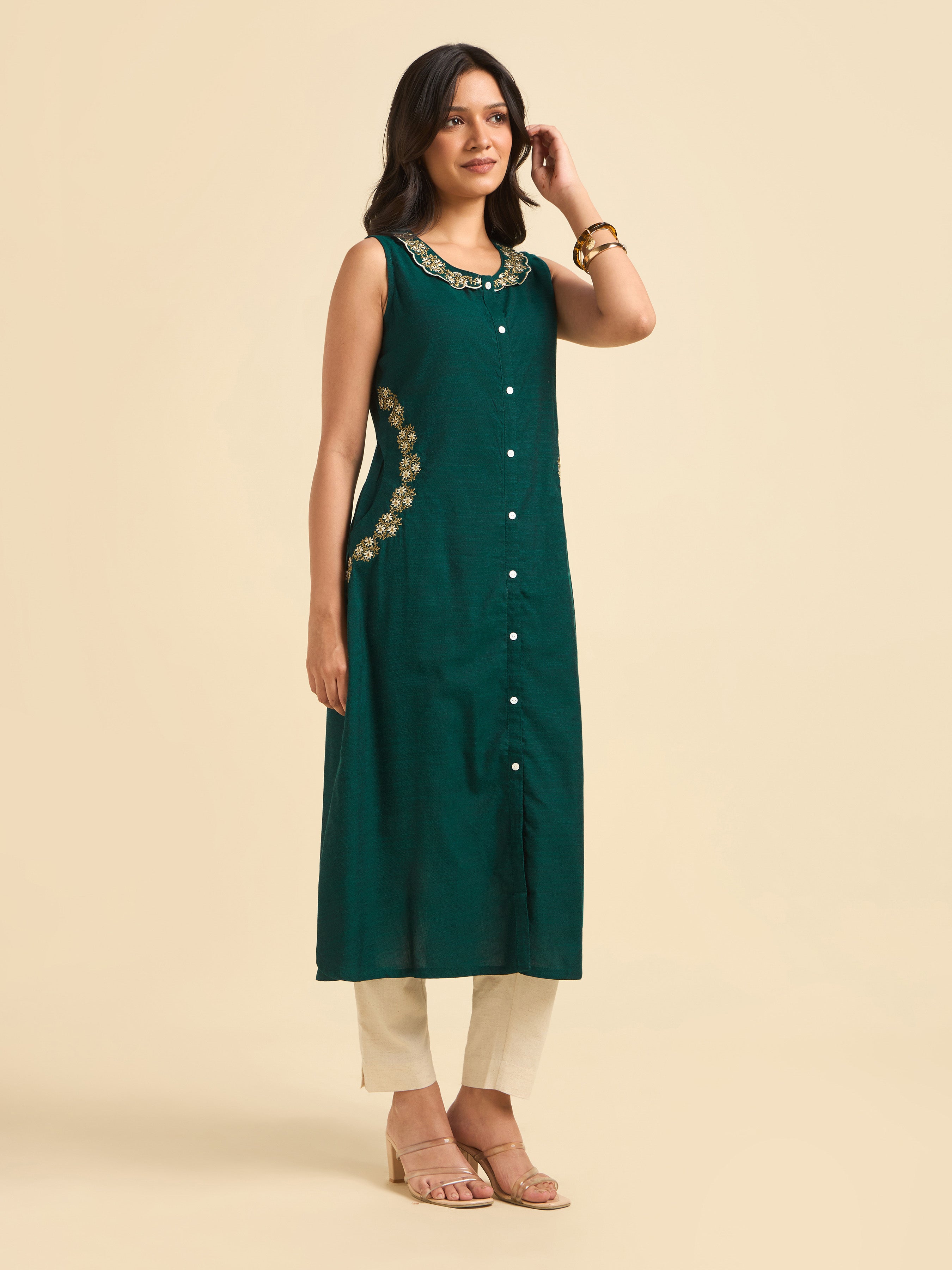 Teal Green Cotton Viscose Slub Plain Flared Kurti With Embroidery