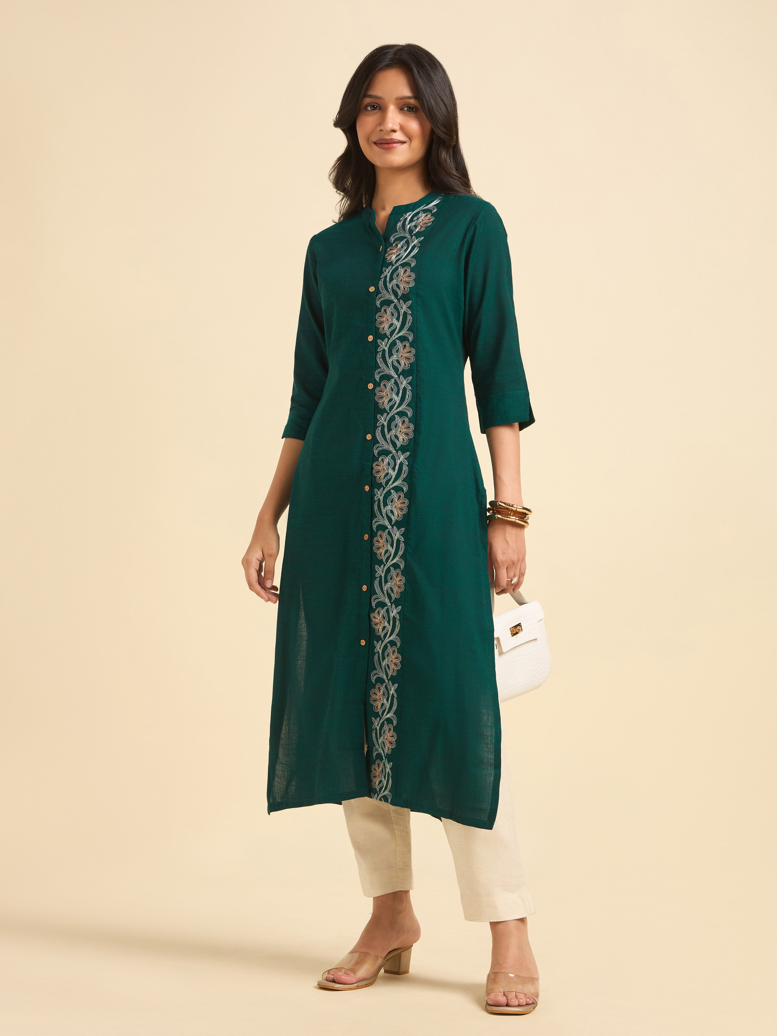 Teal Green Cotton Viscose Slub Plain Slitted Kurti With Embroidery