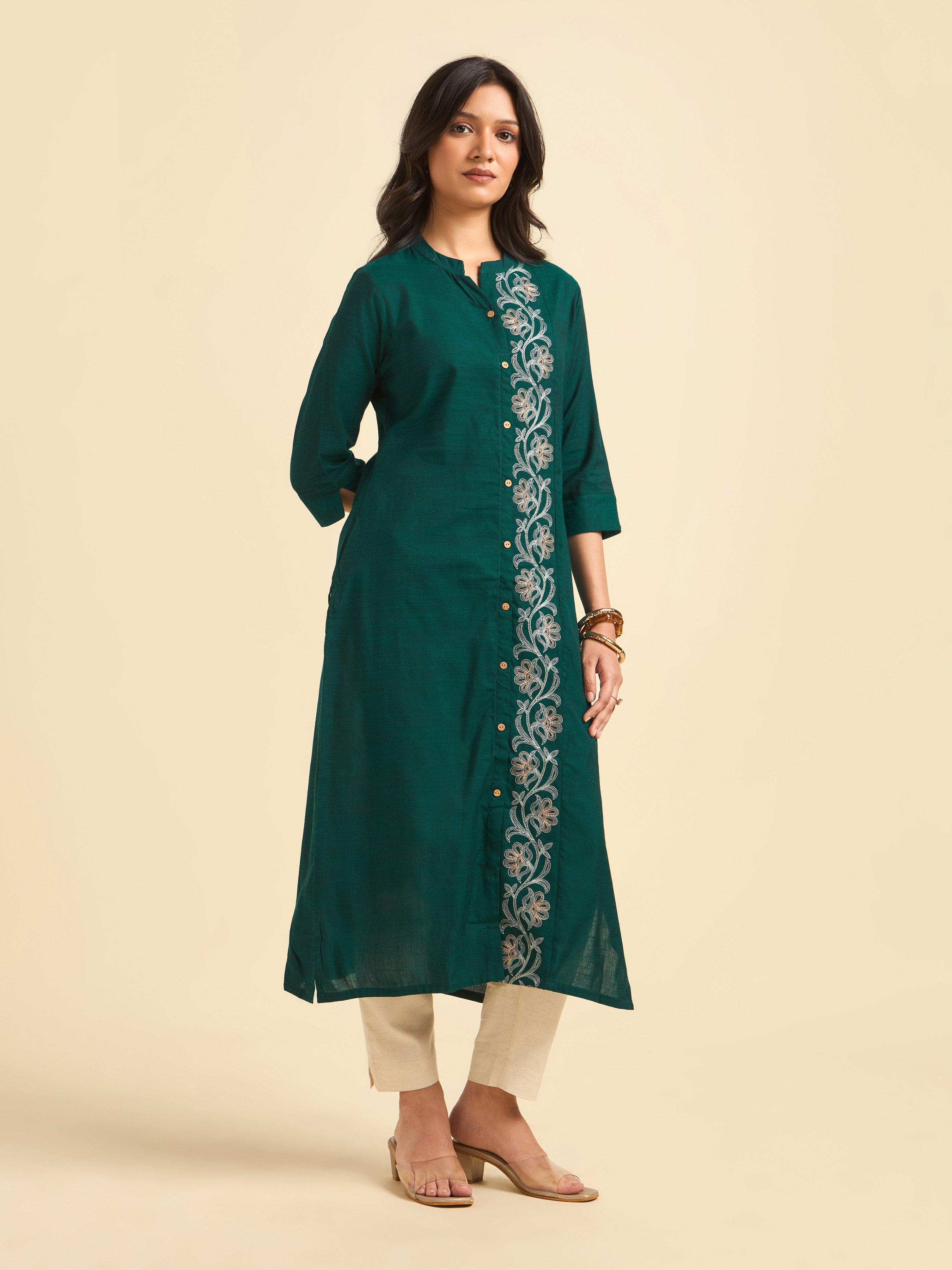 Teal Green Cotton Viscose Slub Plain Slitted Kurti With Embroidery
