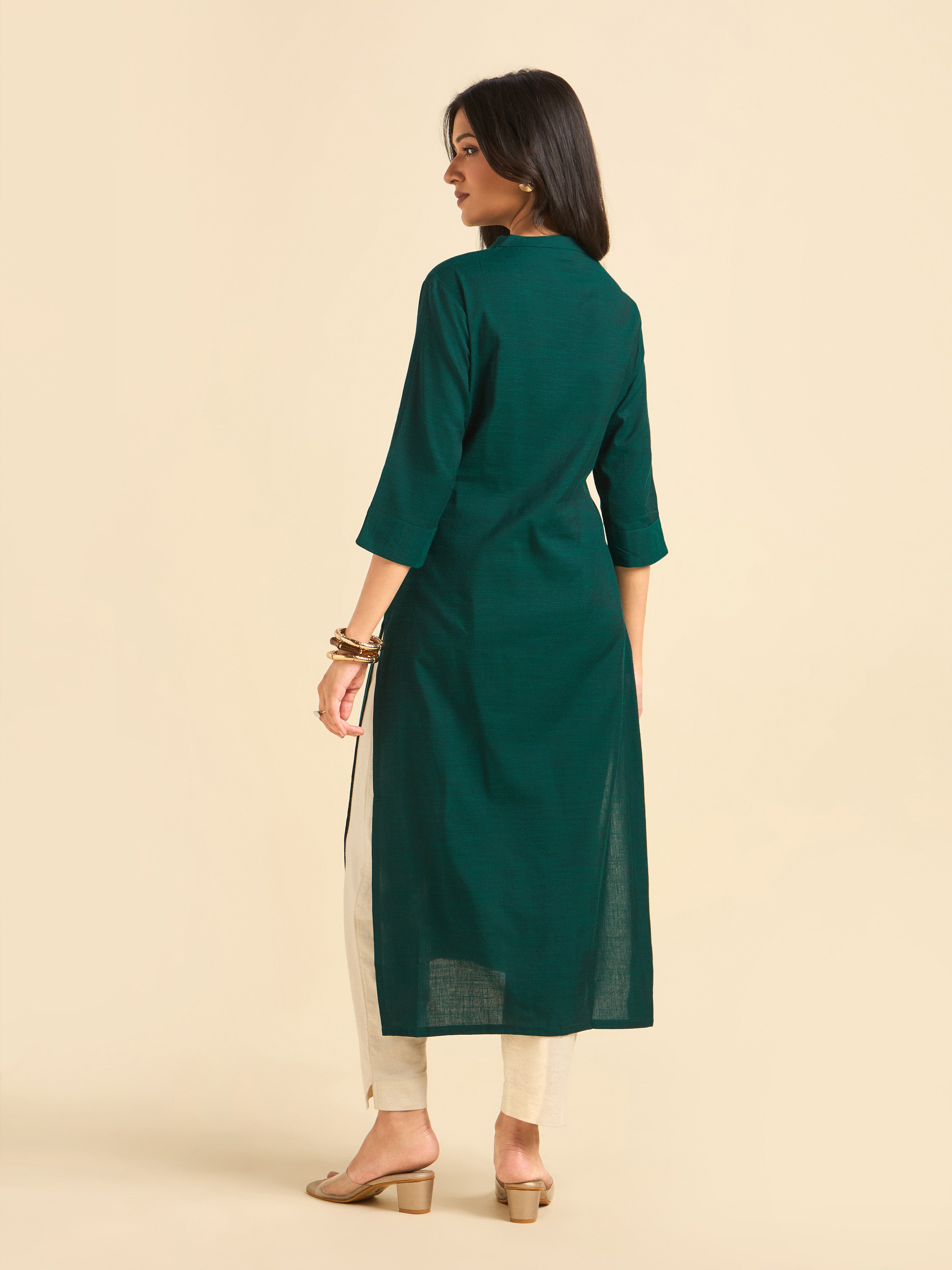 Teal Green Cotton Viscose Slub Plain Slitted Kurti With Embroidery