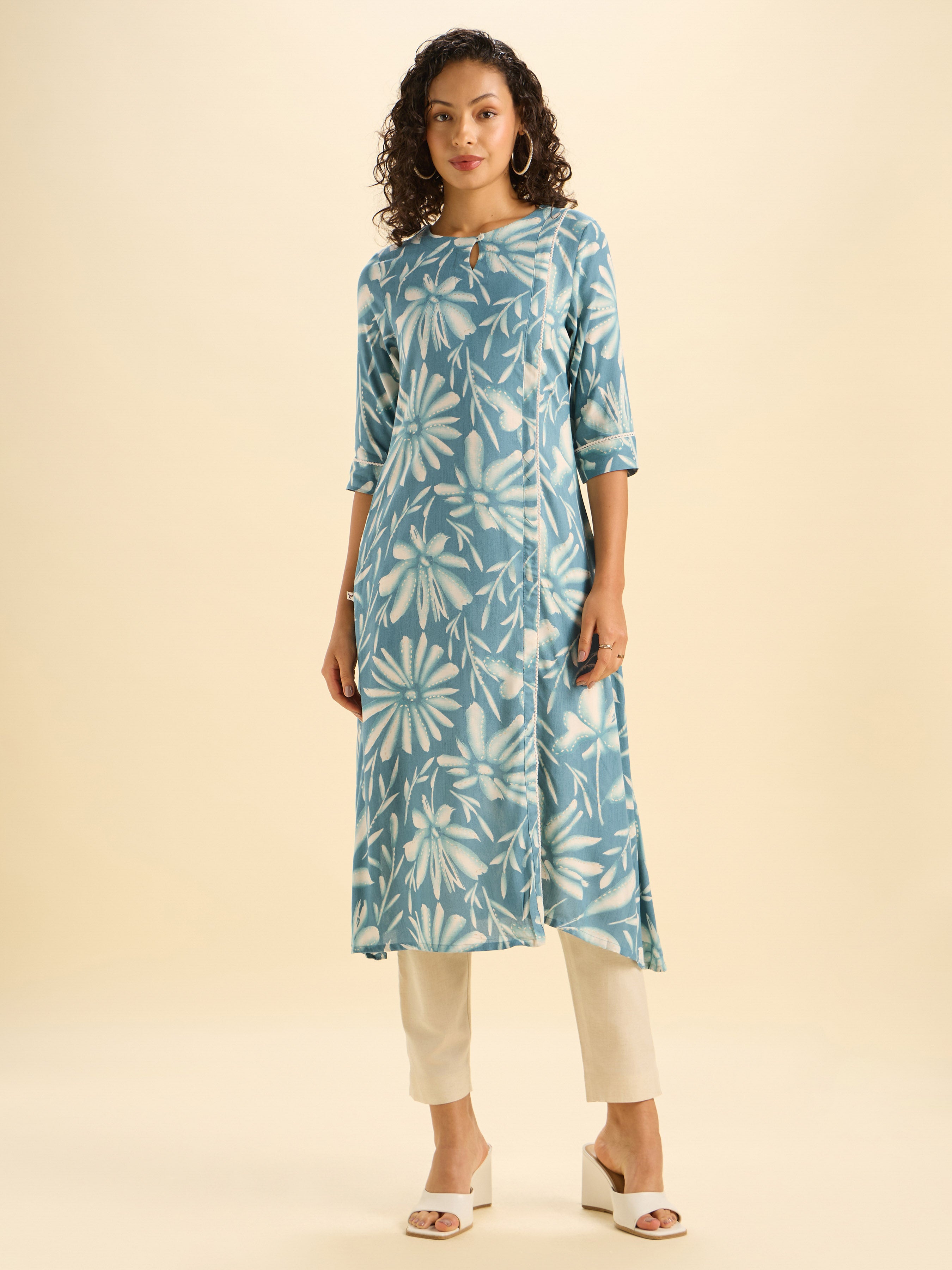Teal Ivory Colour Viscose Printed Flared Kurti With Lace