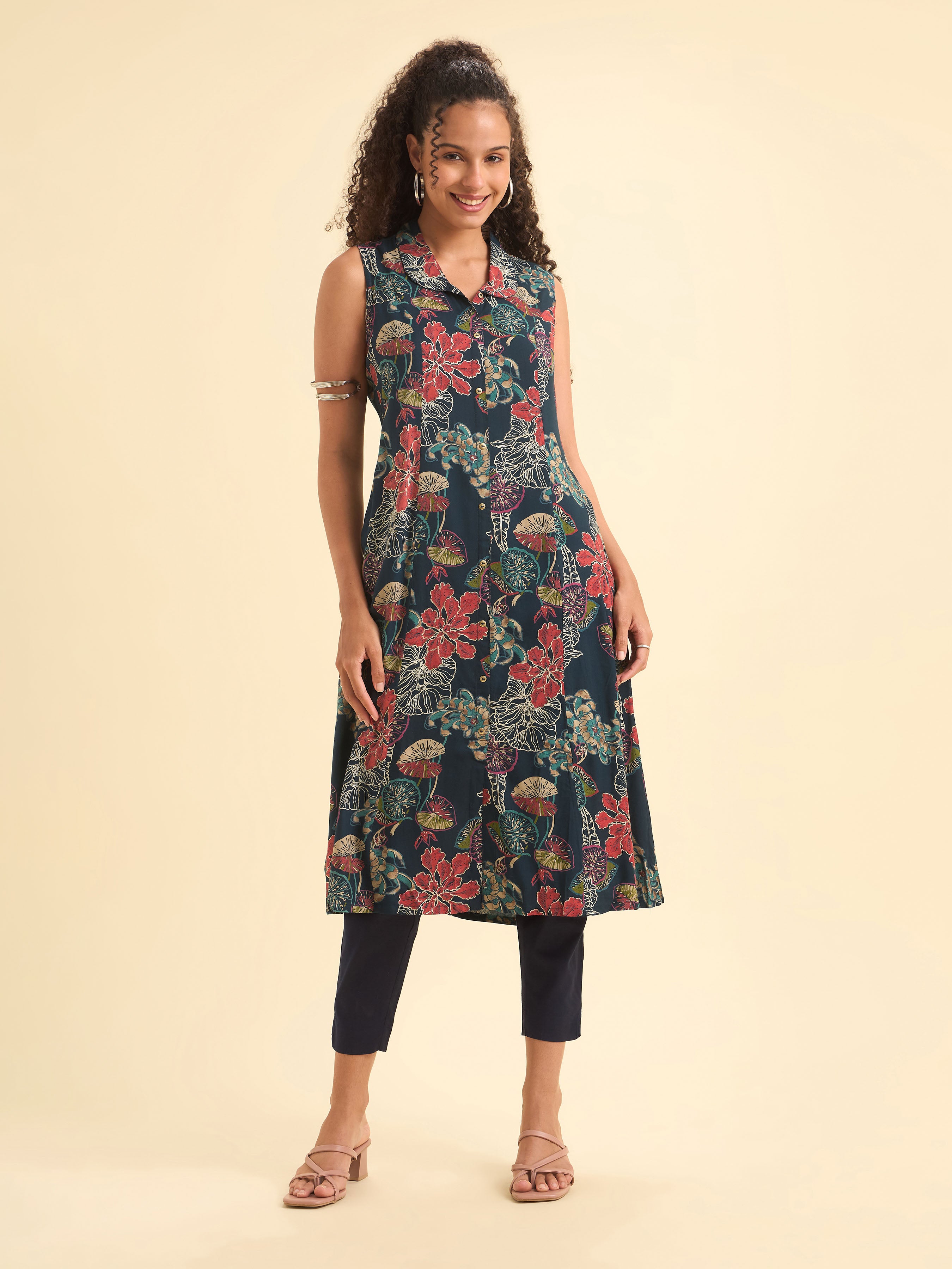 Teal Multi Colour Viscose Print Sleeveless Kurti With Smocking
