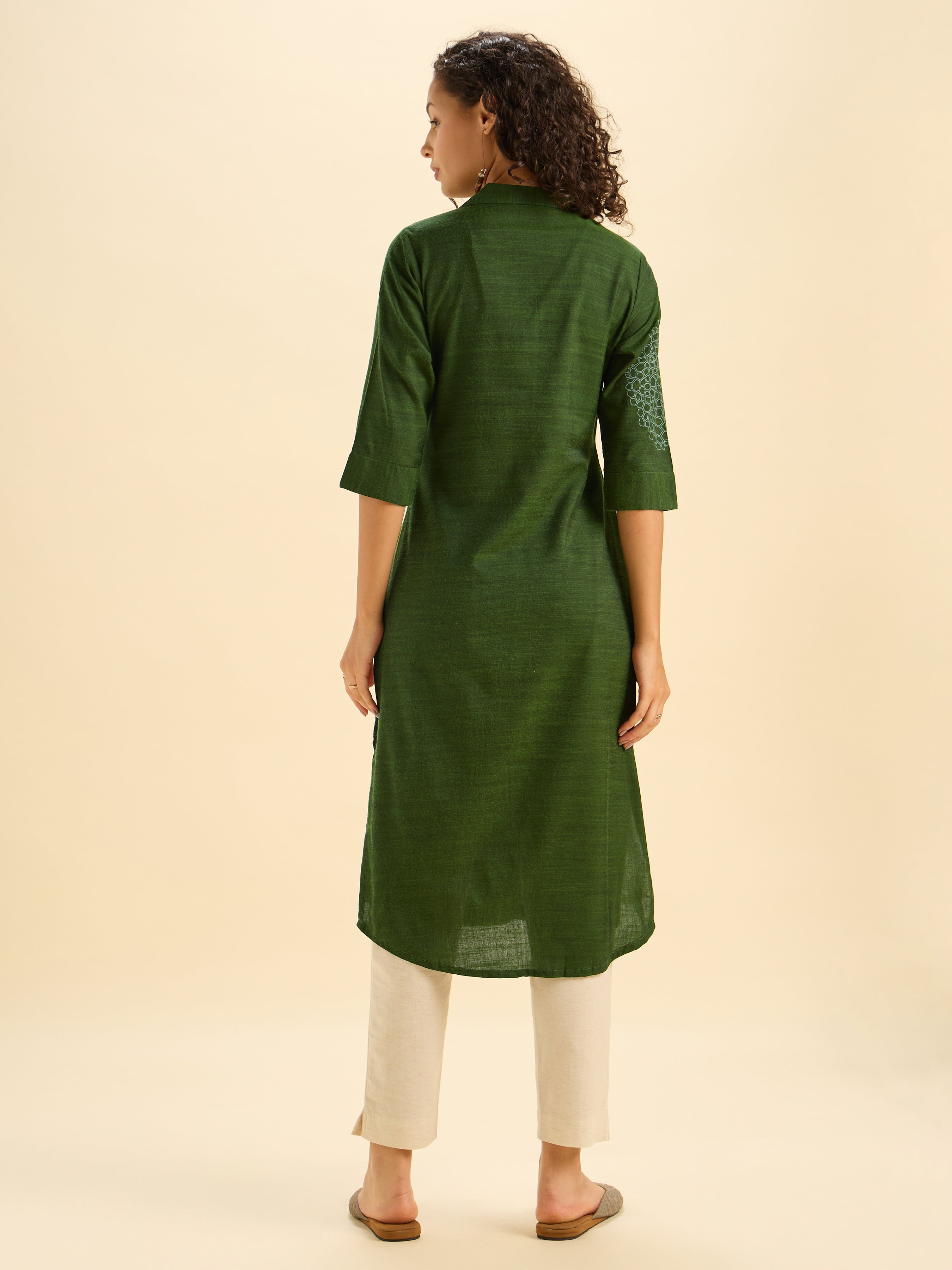 Green Cotton Viscose Slited Kurti With Placement Print