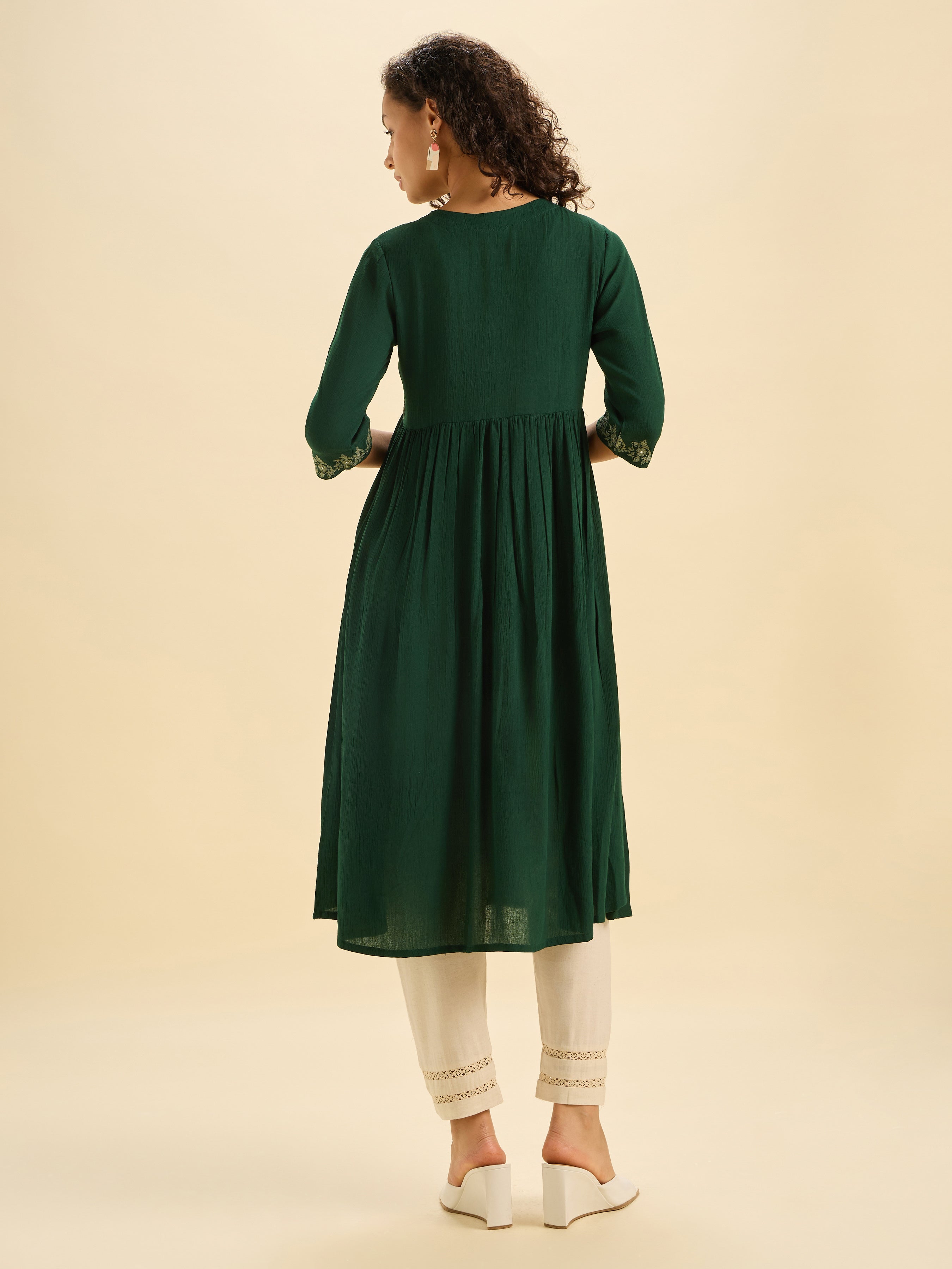 Bottle Green Wrinkle Viscose Plain Flared Kurti With Mirror Work Embroidery