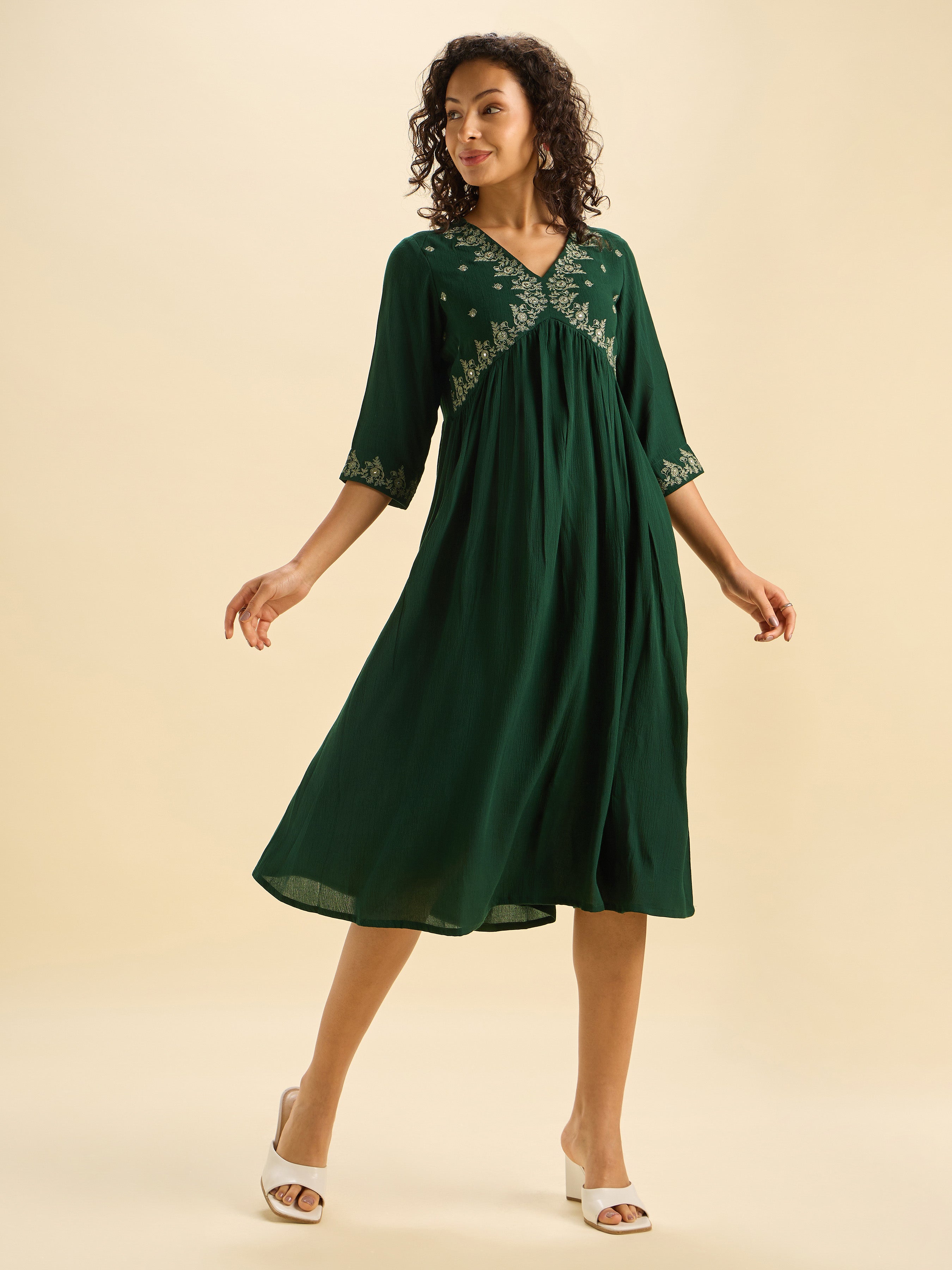Bottle Green Wrinkle Viscose Plain Flared Kurti With Mirror Work Embroidery