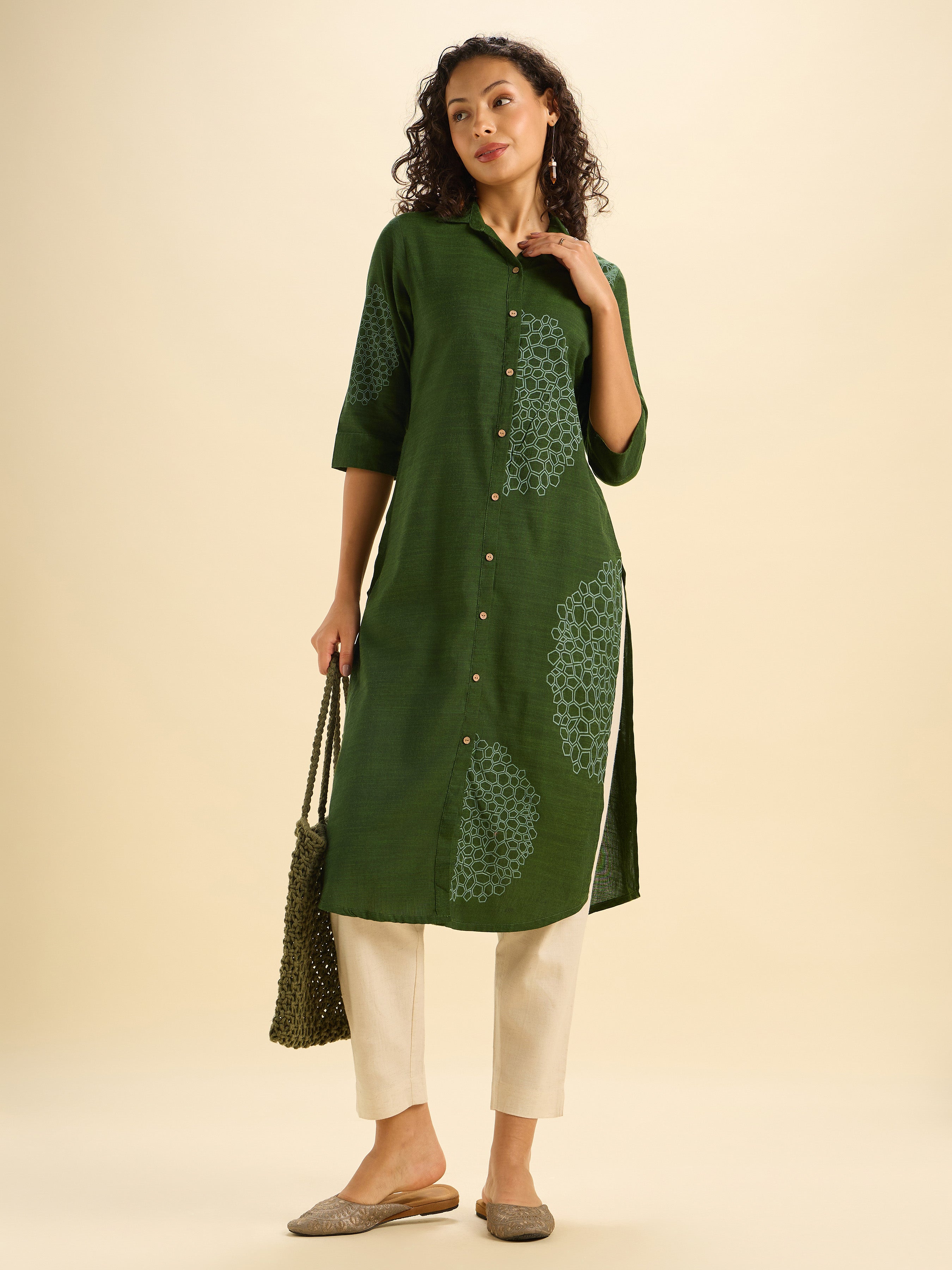 Green Cotton Viscose Slited Kurti With Placement Print