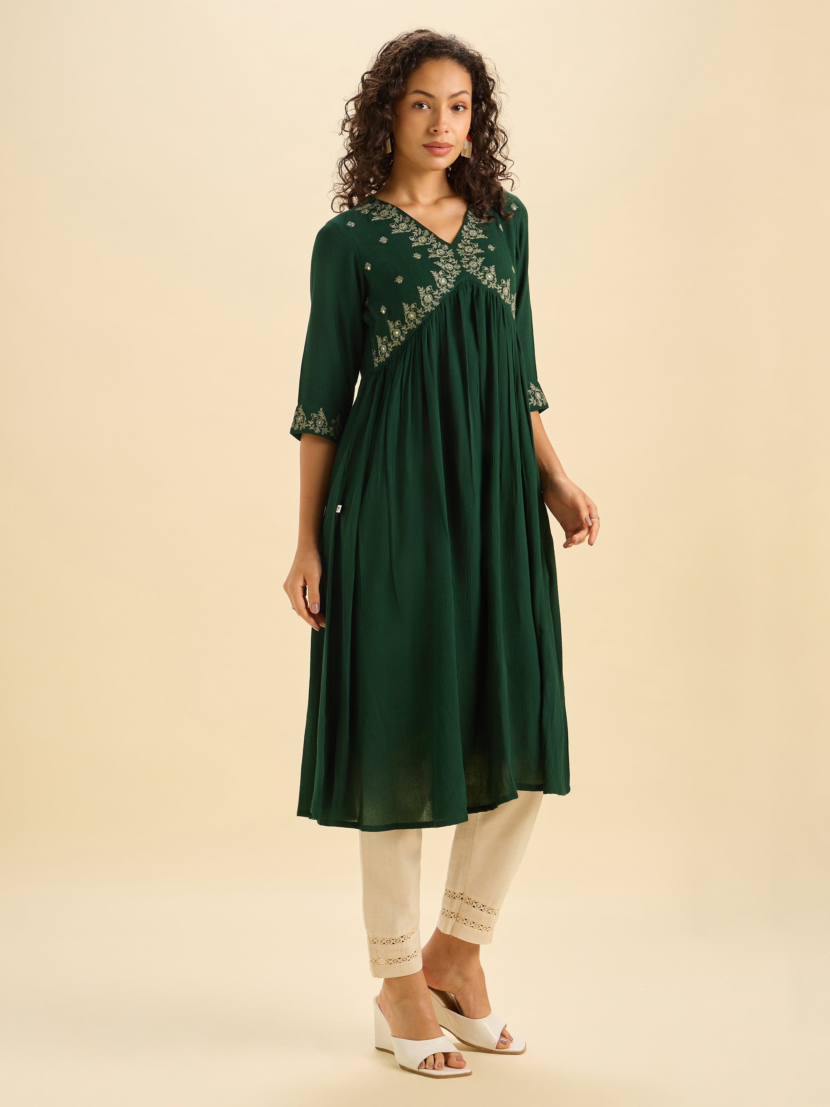 Bottle Green Wrinkle Viscose Plain Flared Kurti With Mirror Work Embroidery