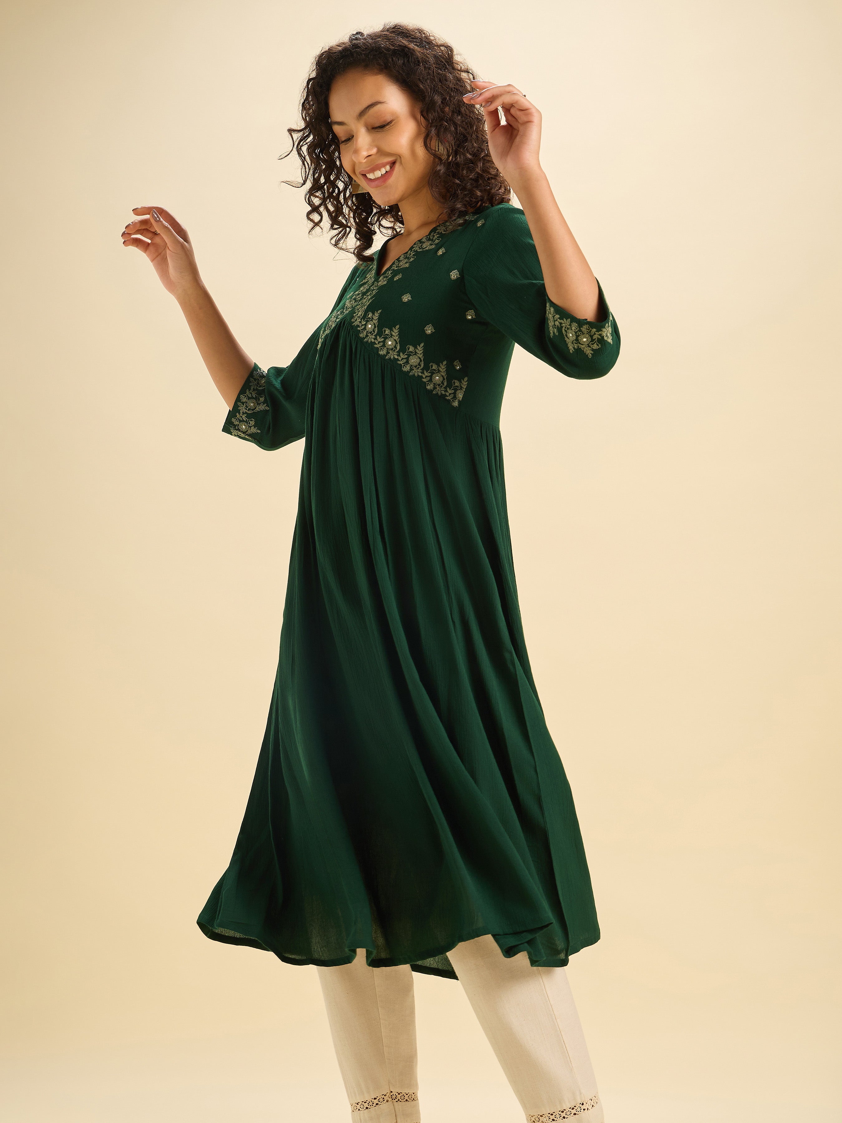 Bottle Green Wrinkle Viscose Plain Flared Kurti With Mirror Work Embroidery