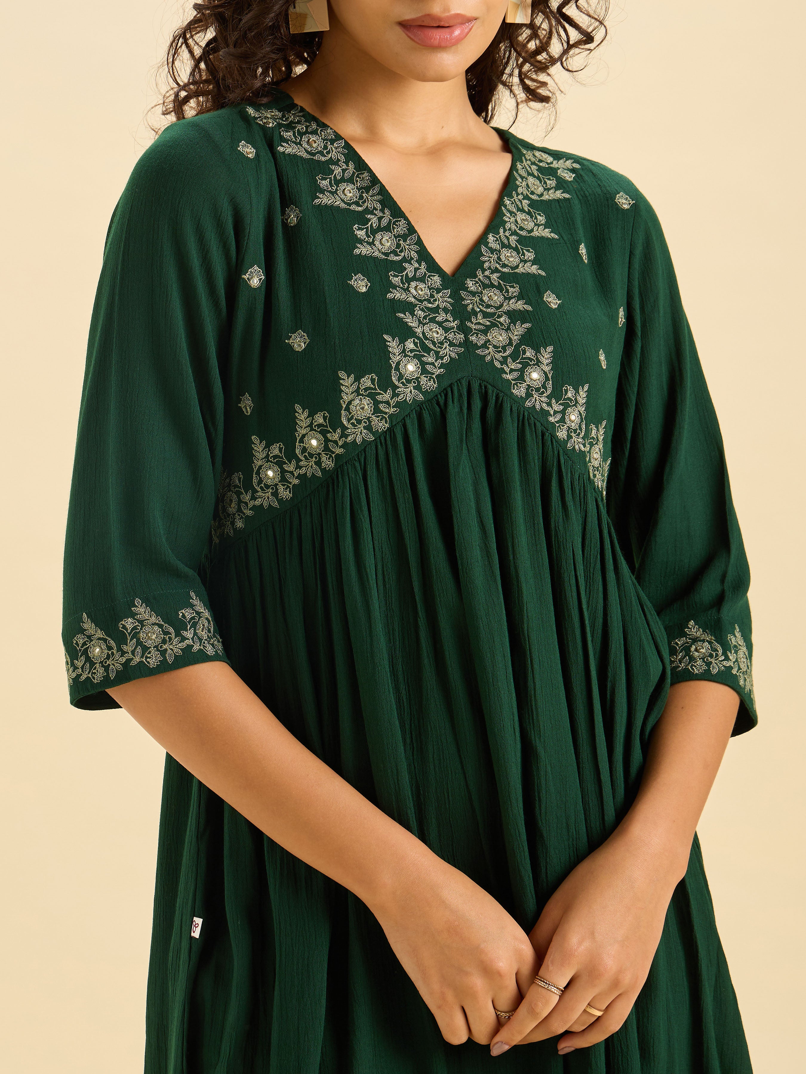 Bottle Green Wrinkle Viscose Plain Flared Kurti With Mirror Work Embroidery