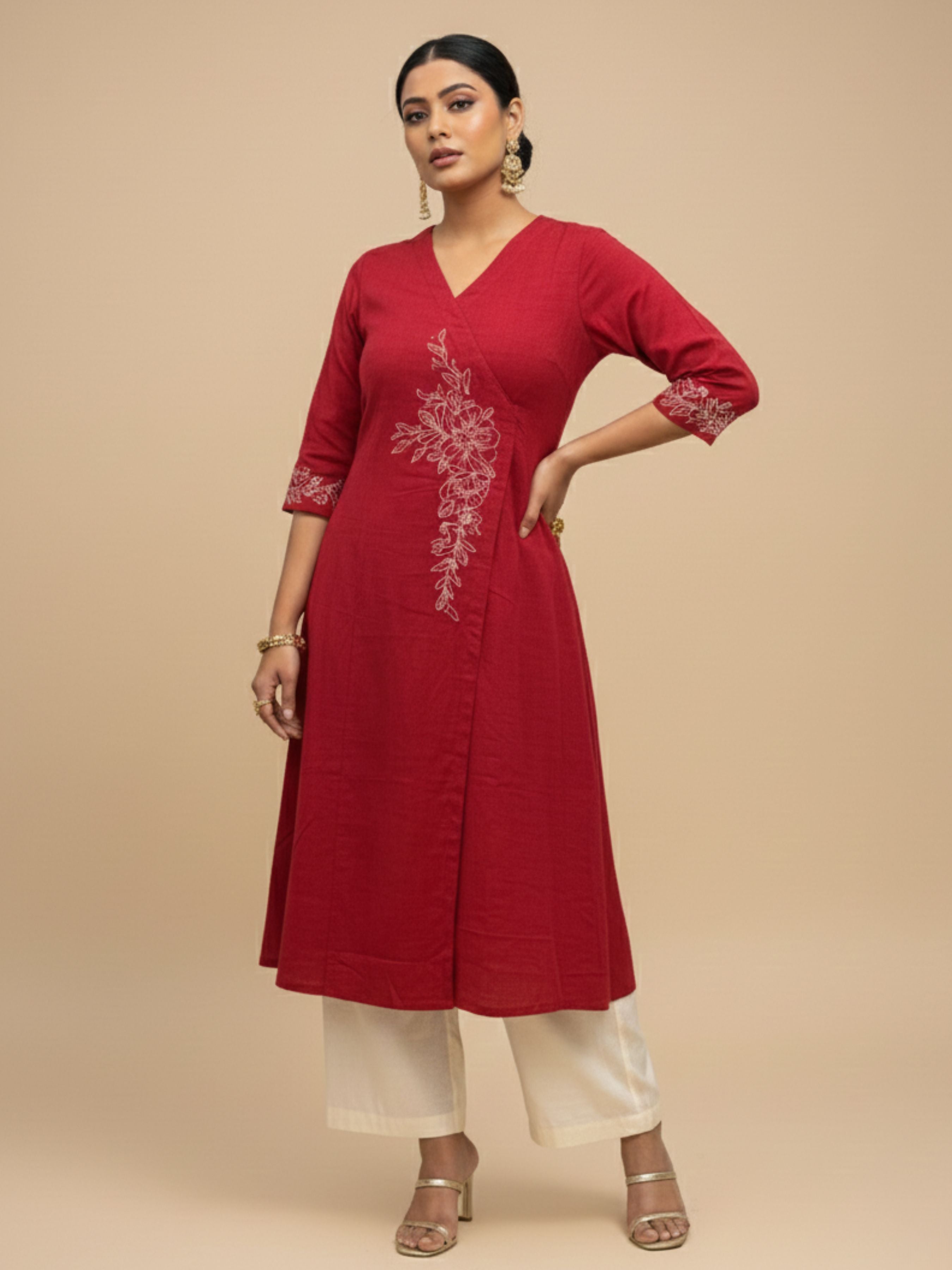 Red Cotton Viscose Angrakha Kurta With Sequence Embroidery