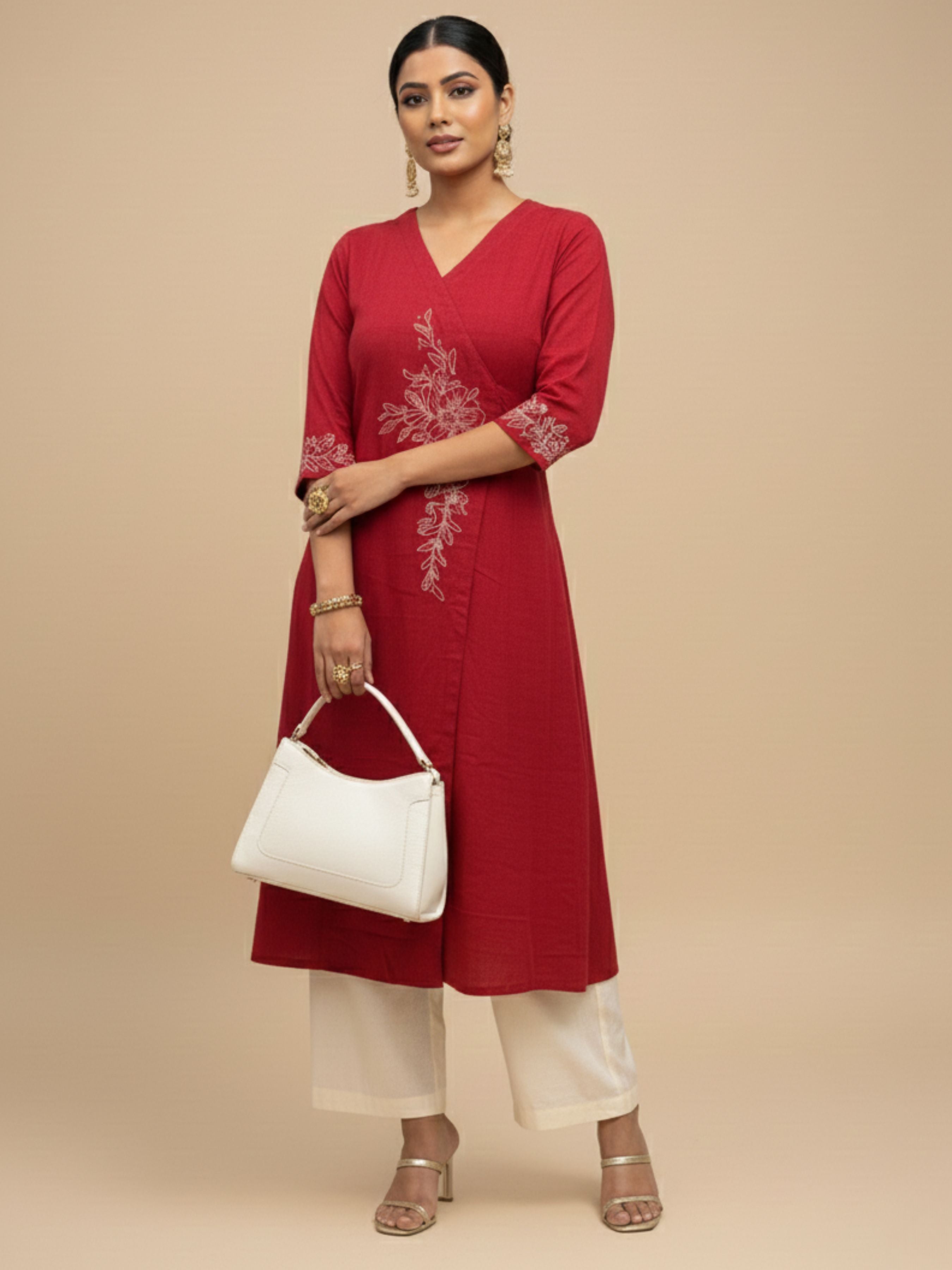 Red Cotton Viscose Angrakha Kurta With Sequence Embroidery