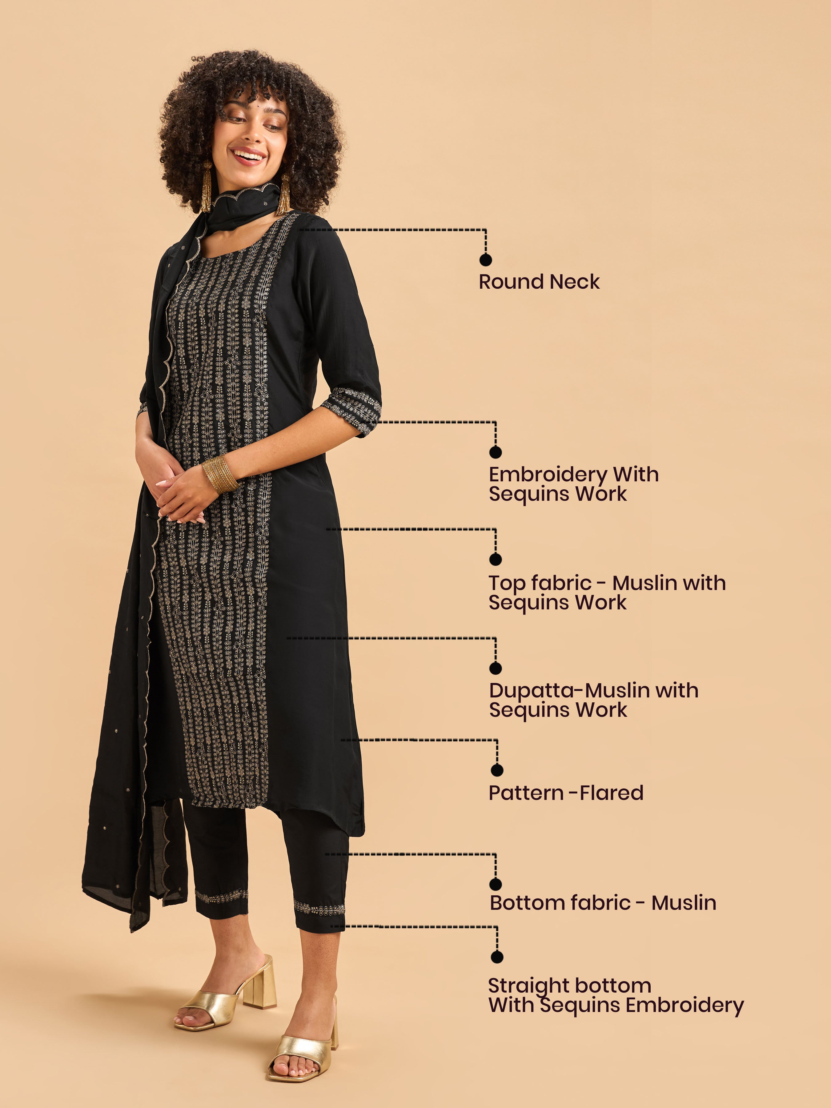 Black Muslin Kurti Set & Dupatta With Sequins Work
