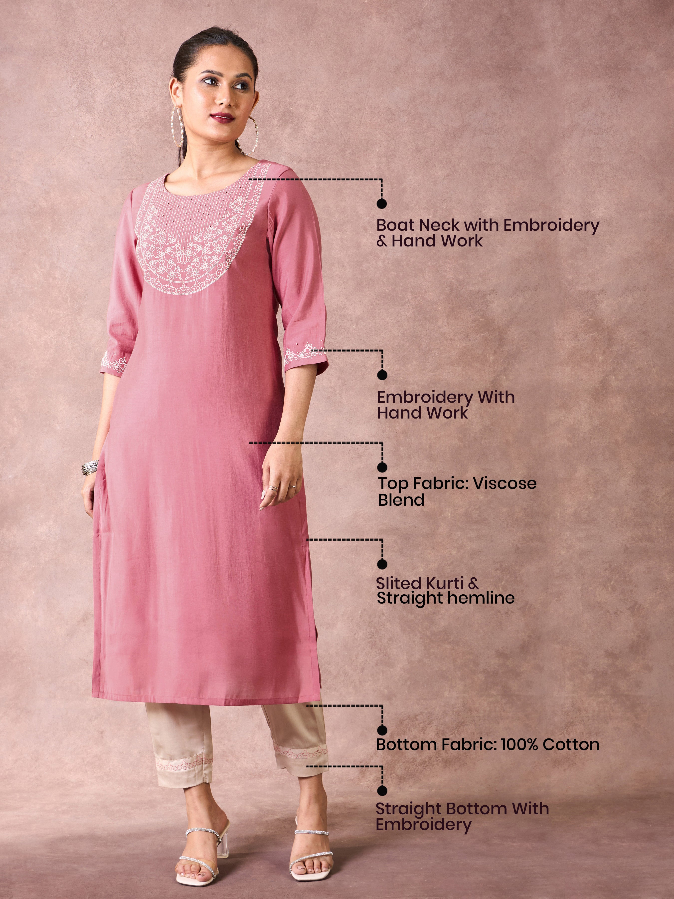 Onion Pink Viscose Blend Kurti & Bottom With Sequins Embroidery