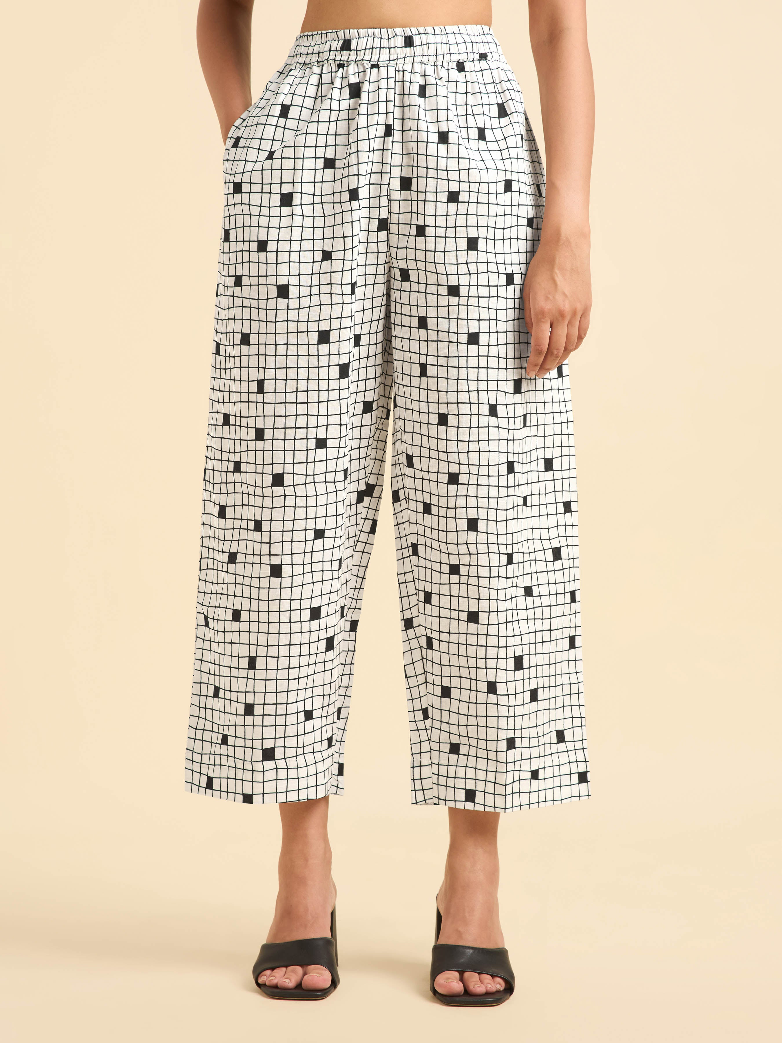 White Black Cotton Flax Slub Printed Kurti Set
