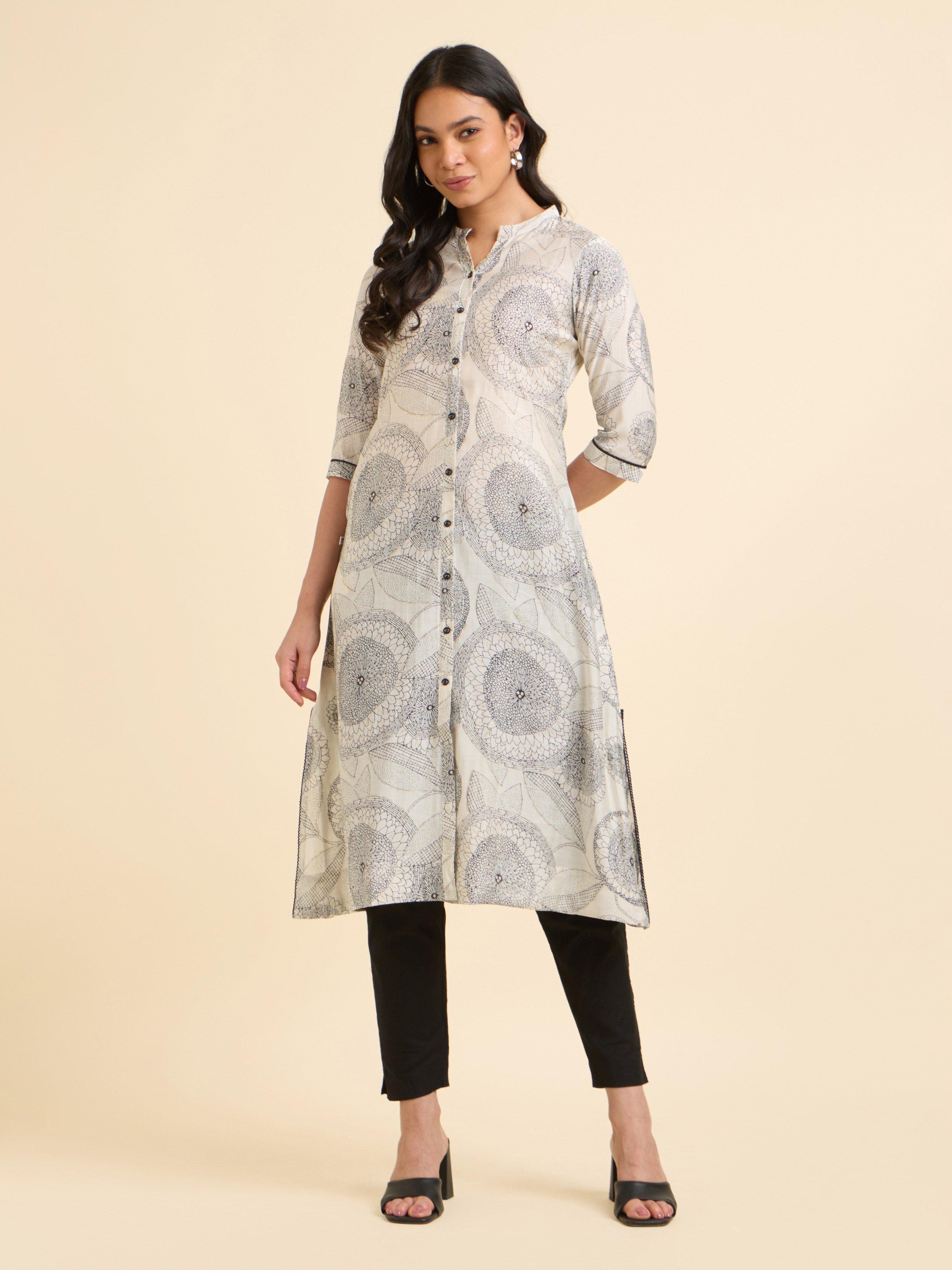 White& Black Modal Chanderi Printed Flared Kurti With Lace