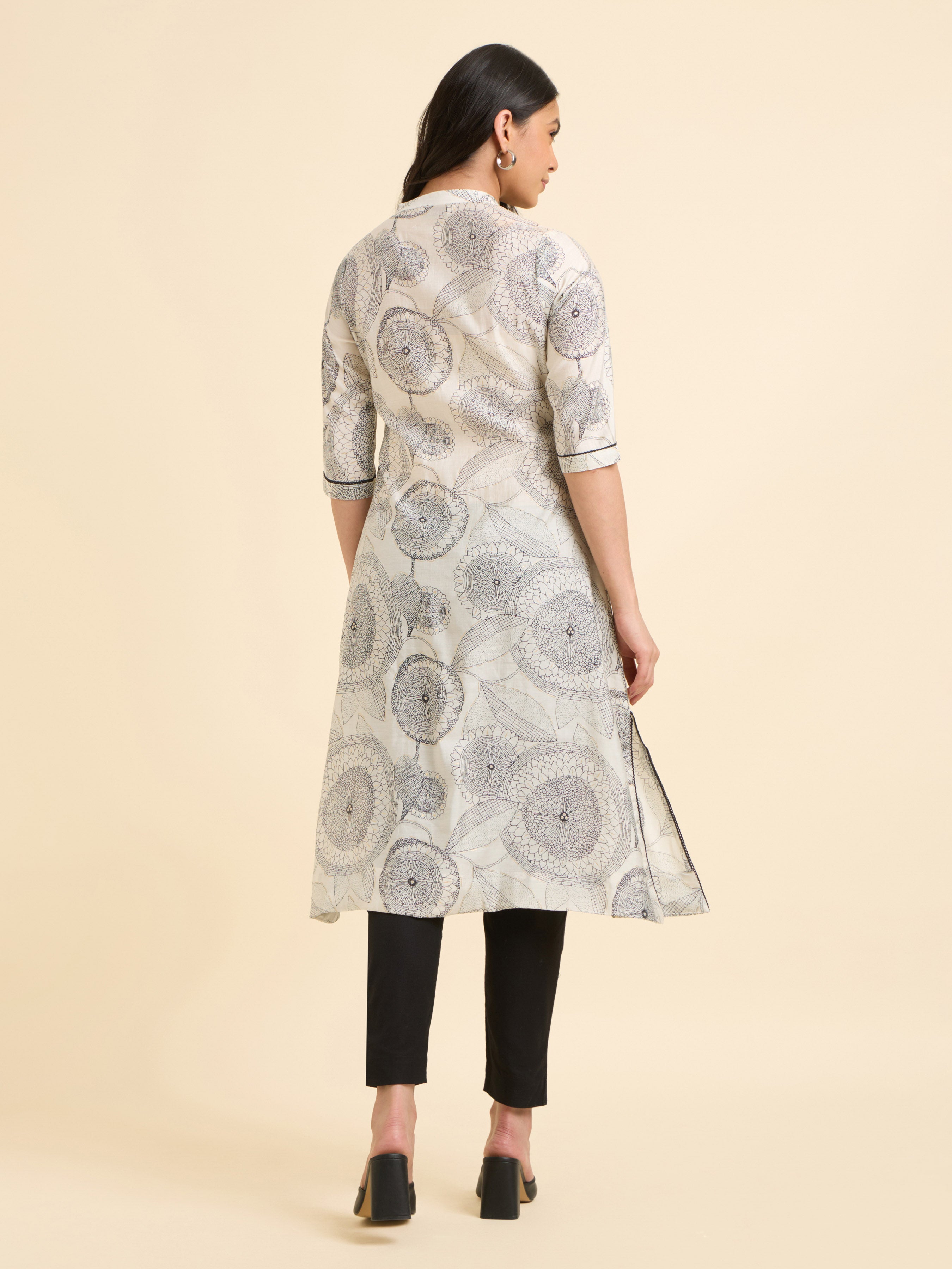 White& Black Modal Chanderi Printed Flared Kurti With Lace