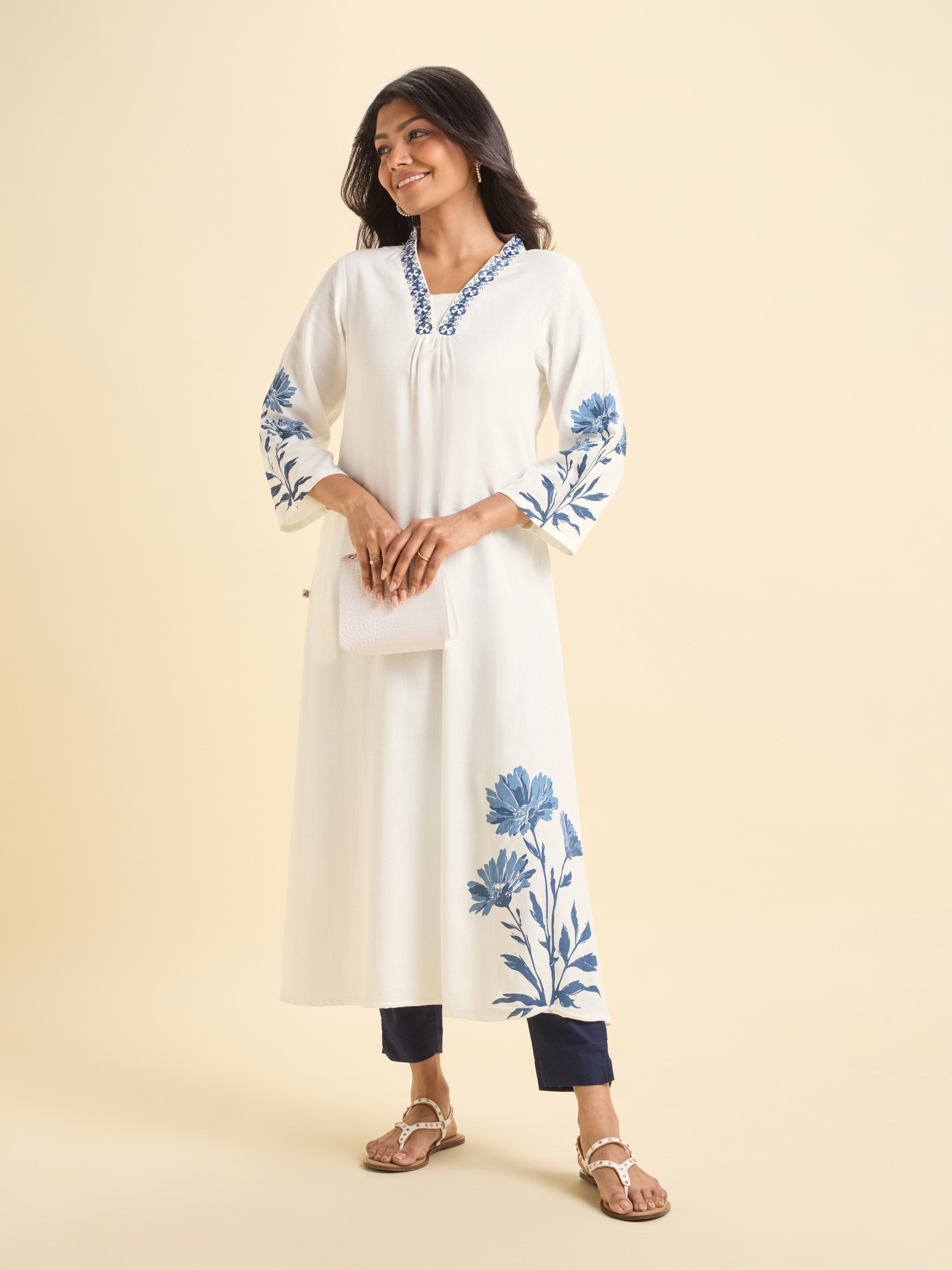 White Blue Viscose Linen Plain Flared Kurti With Placement Print And Embroidery