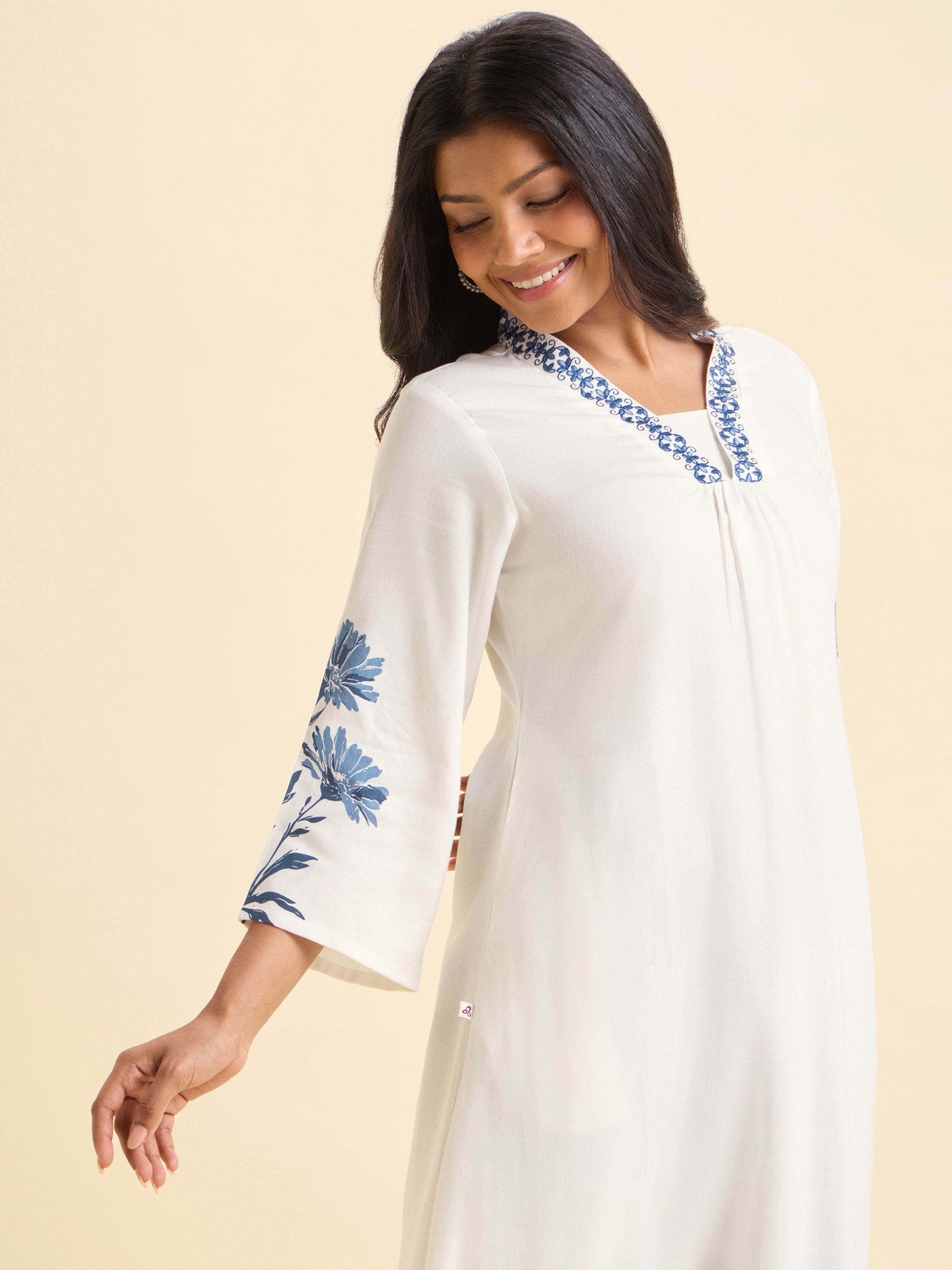 White Blue Viscose Linen Plain Flared Kurti With Placement Print And Embroidery