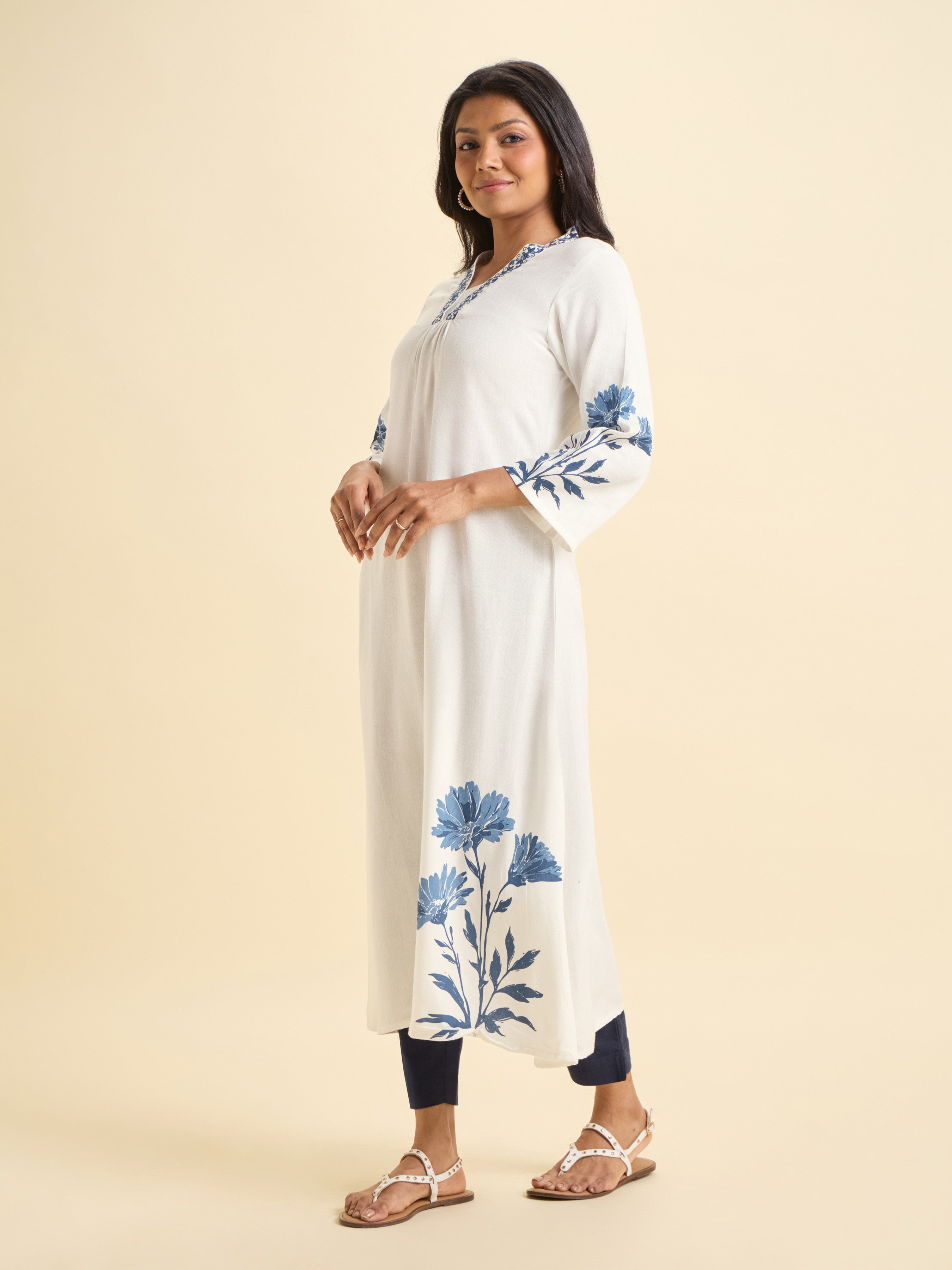 White Blue Viscose Linen Plain Flared Kurti With Placement Print And Embroidery