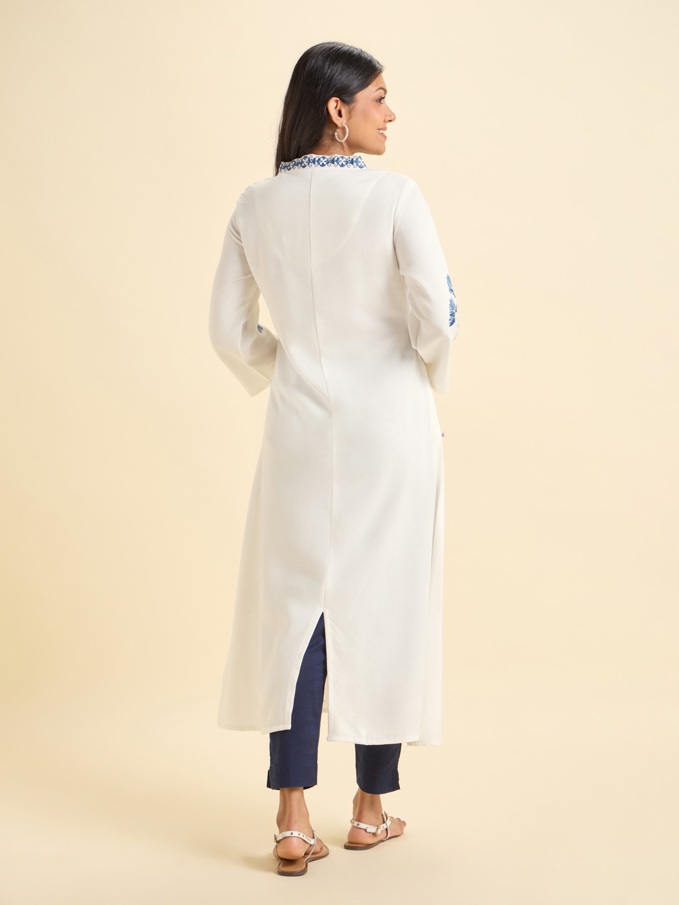 White Blue Viscose Linen Plain Flared Kurti With Placement Print And Embroidery