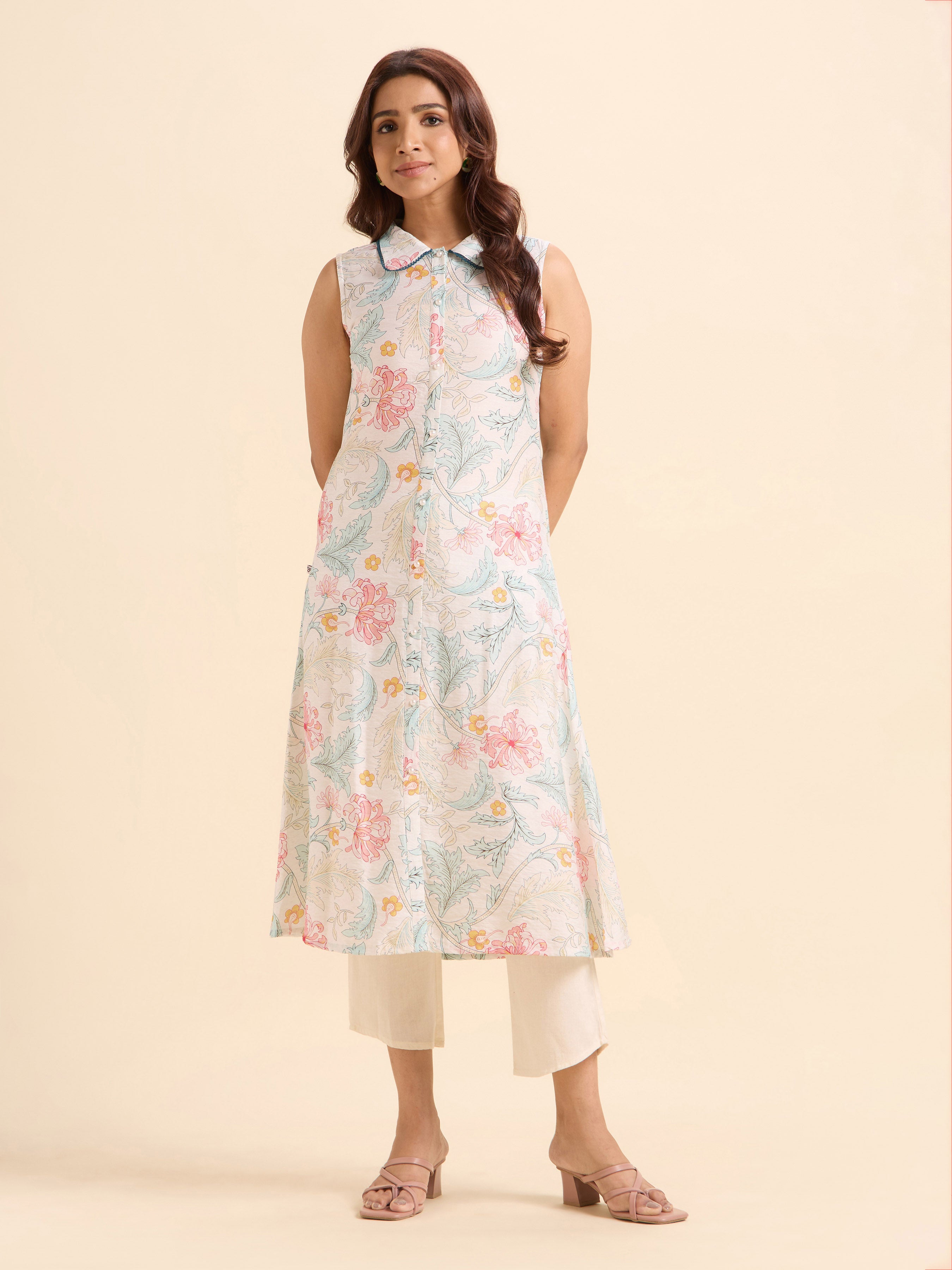 White Multi Nylon Viscose Printed Flared Kurti With Lace Detailing