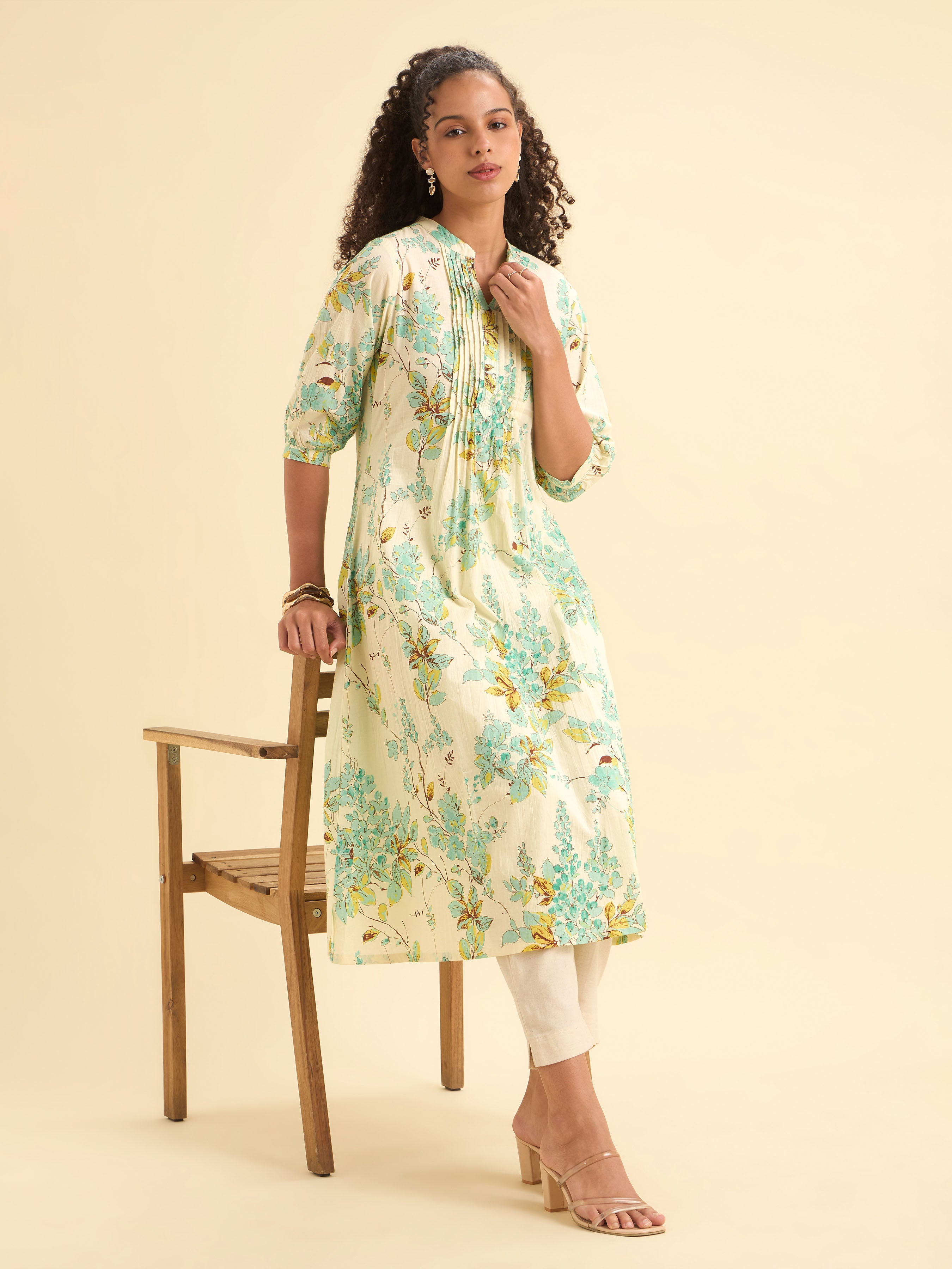 White Multi Colour Cotton Flared Kurti With Embroidery