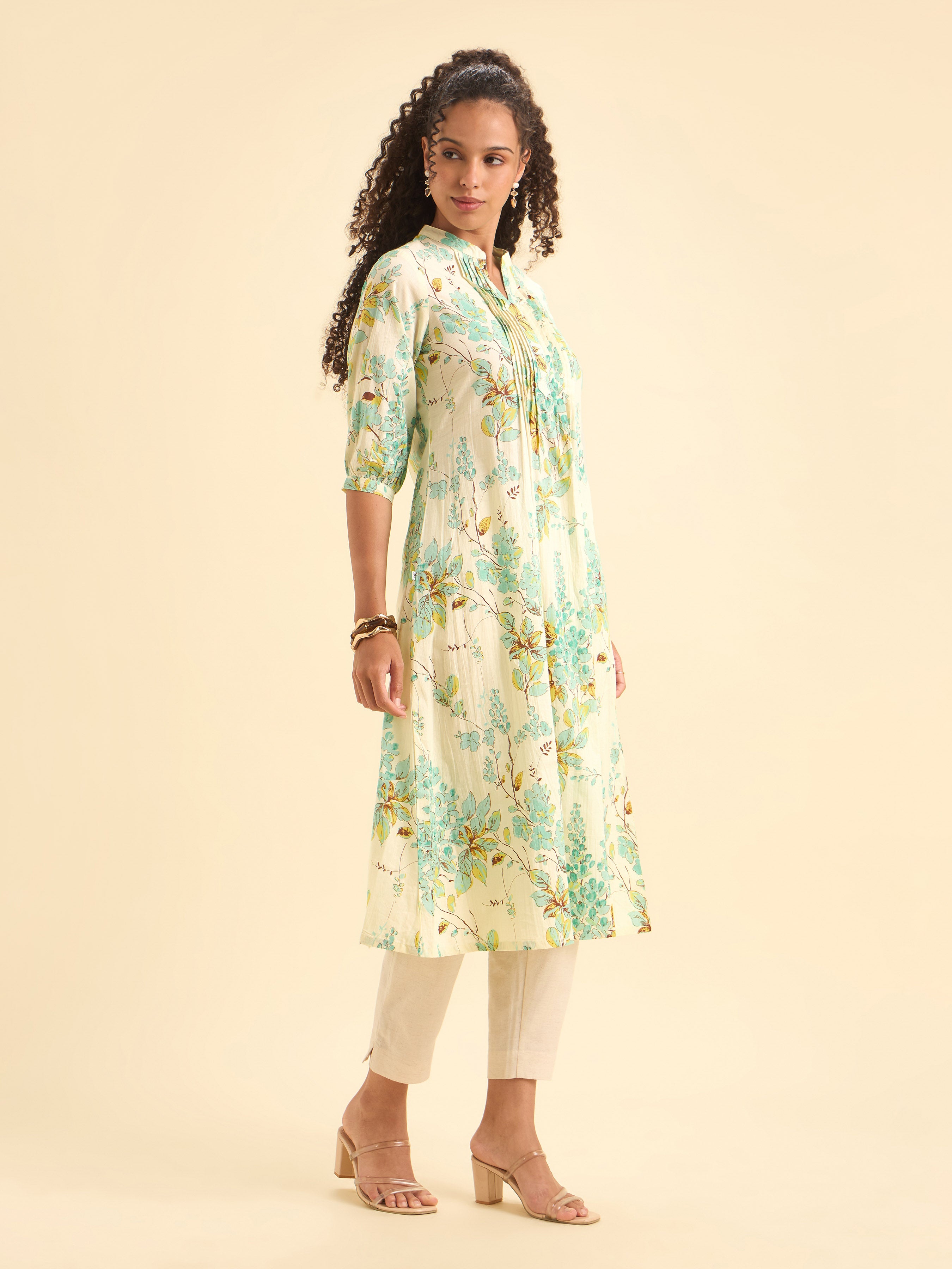 White Multi Colour Cotton Flared Kurti With Embroidery