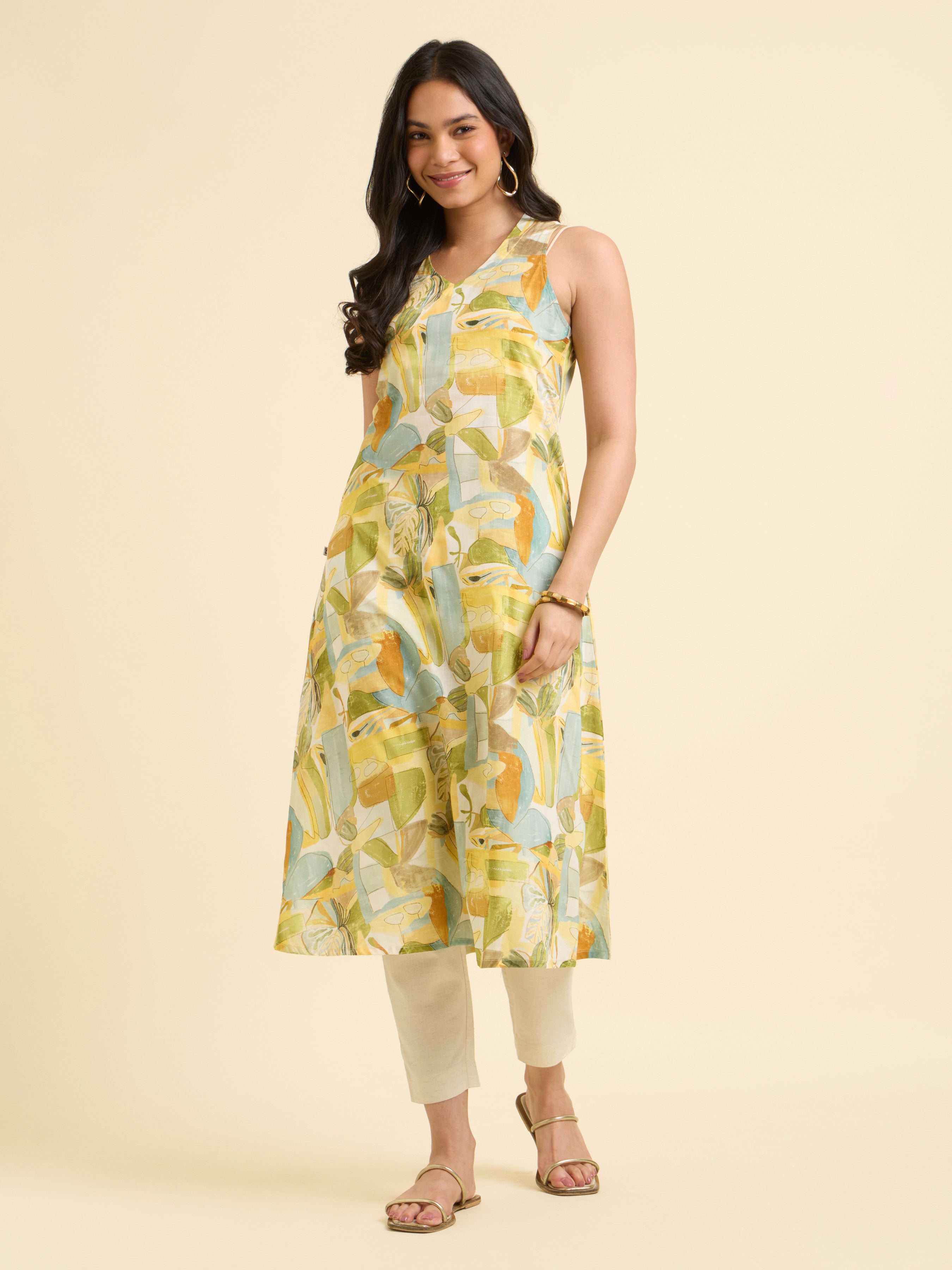 White Multi Colour Cotton Printed Kurti With Curved Hem