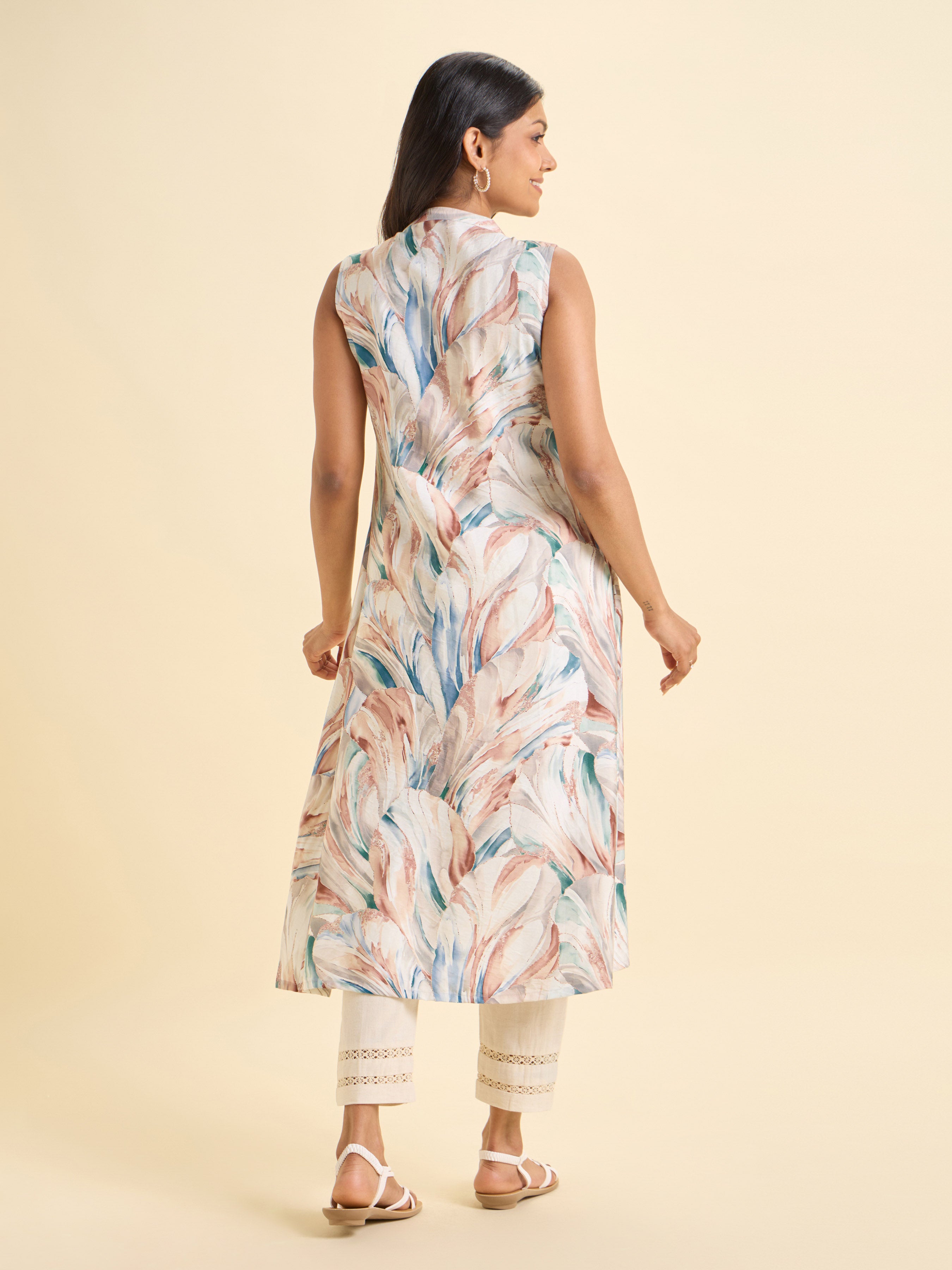 White Multi Colour Poly Viscose Print Flared Sleeve Less Kurti With Knife Pleat