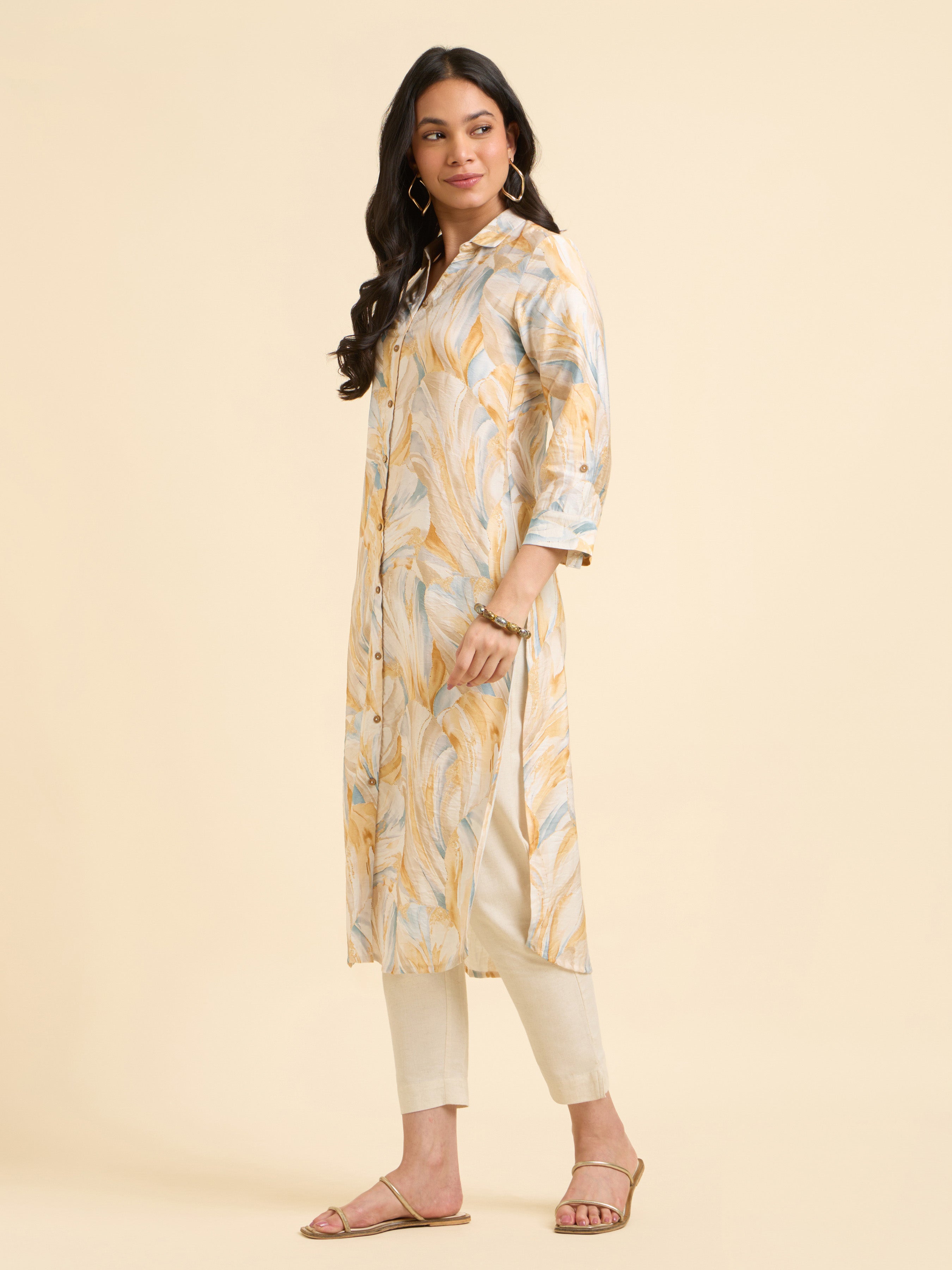 White Multi Colour Poly Viscose Printed Kurti With Curved Hem