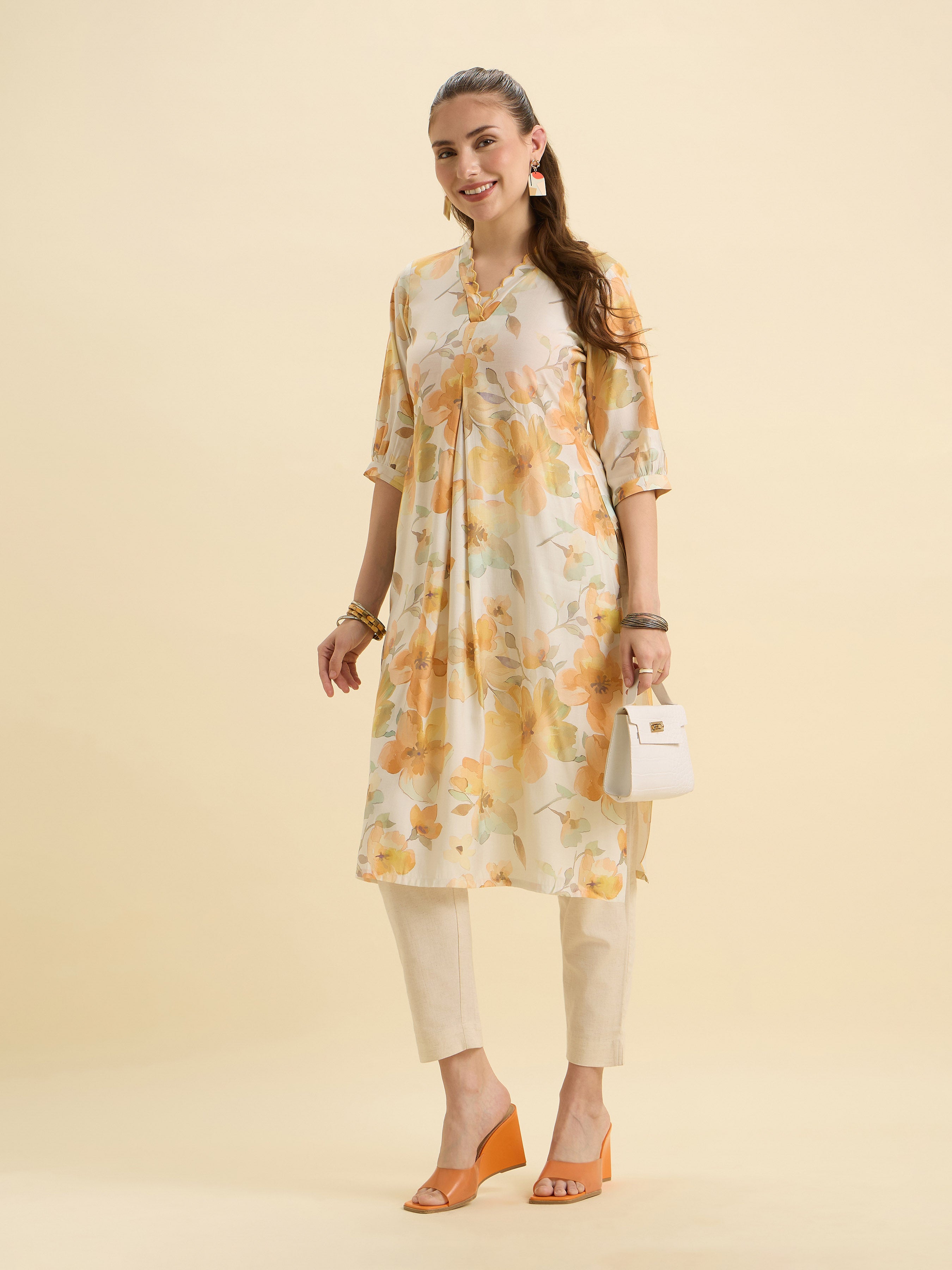 White Multicolour Modal Chanderi Printed Slited Kurti With Box Pleat And Scallop Embroidery