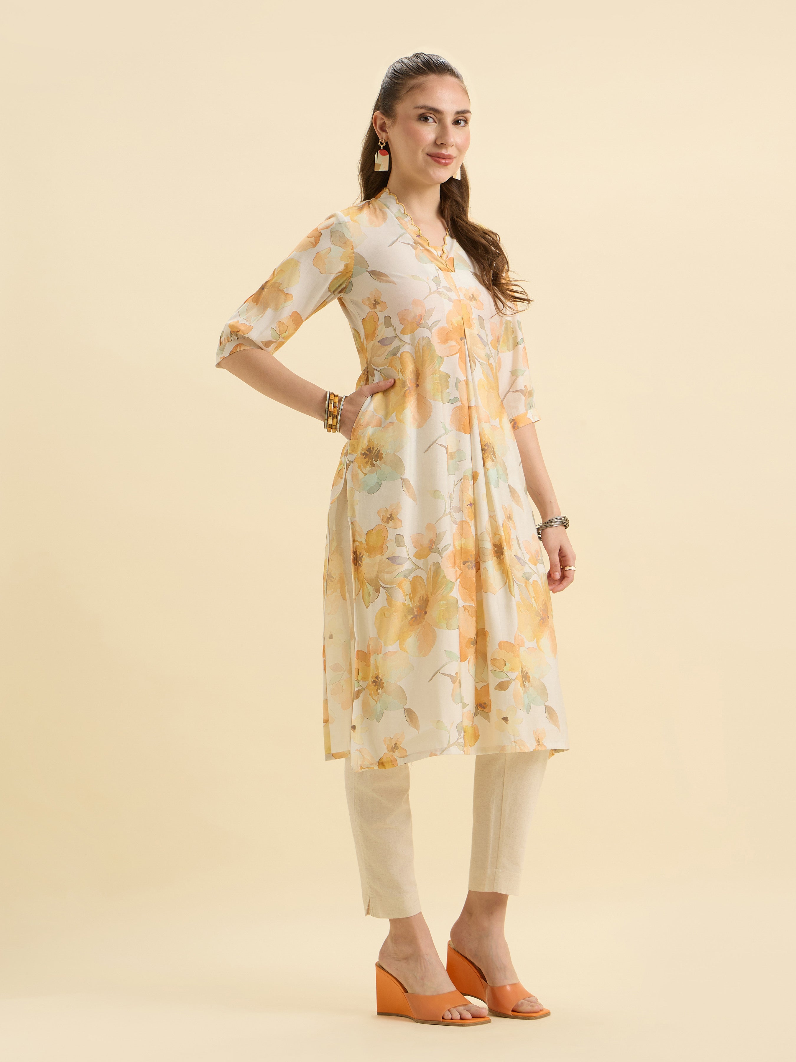 White Multicolour Modal Chanderi Printed Slited Kurti With Box Pleat And Scallop Embroidery