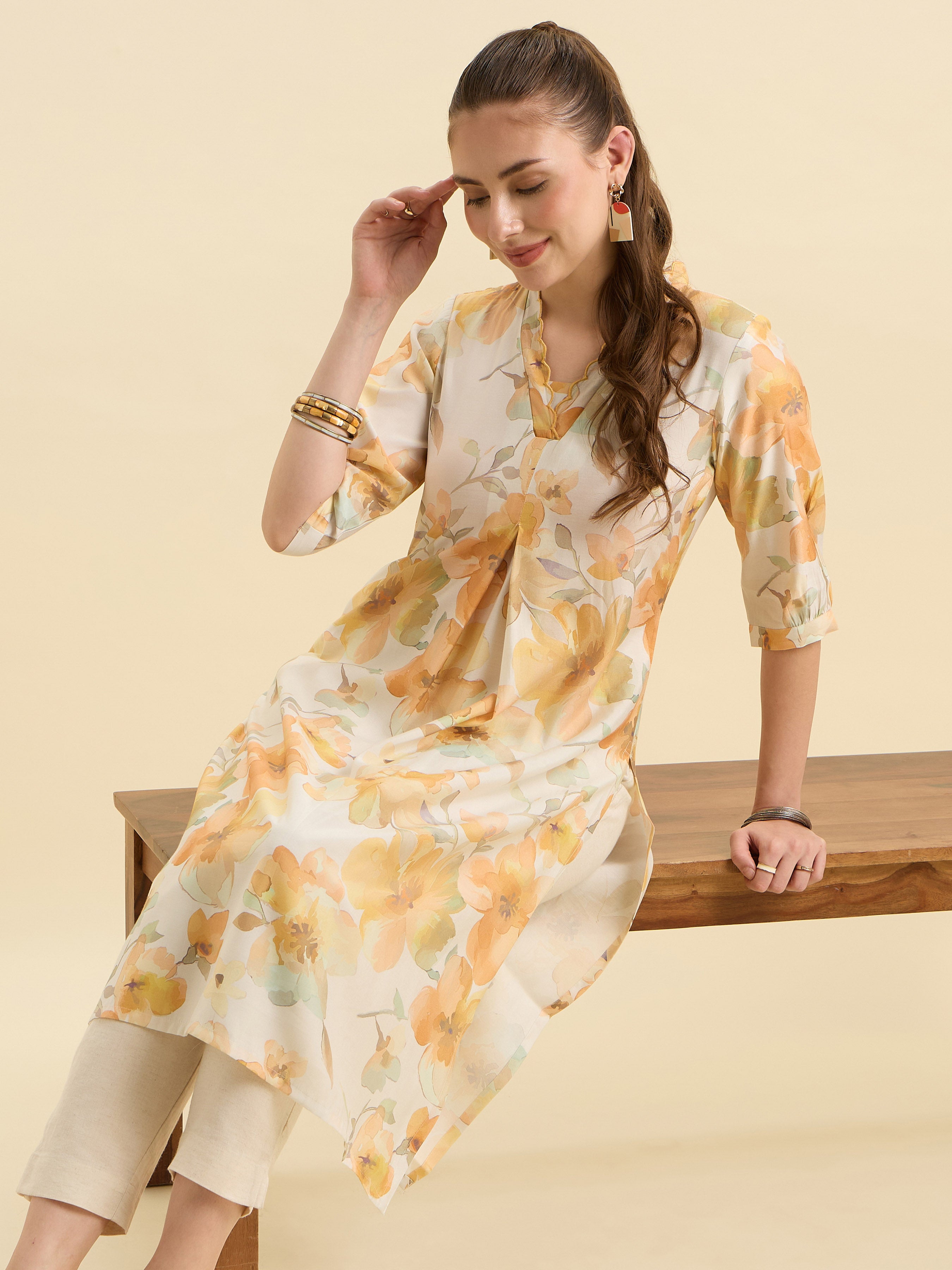 White Multicolour Modal Chanderi Printed Slited Kurti With Box Pleat And Scallop Embroidery