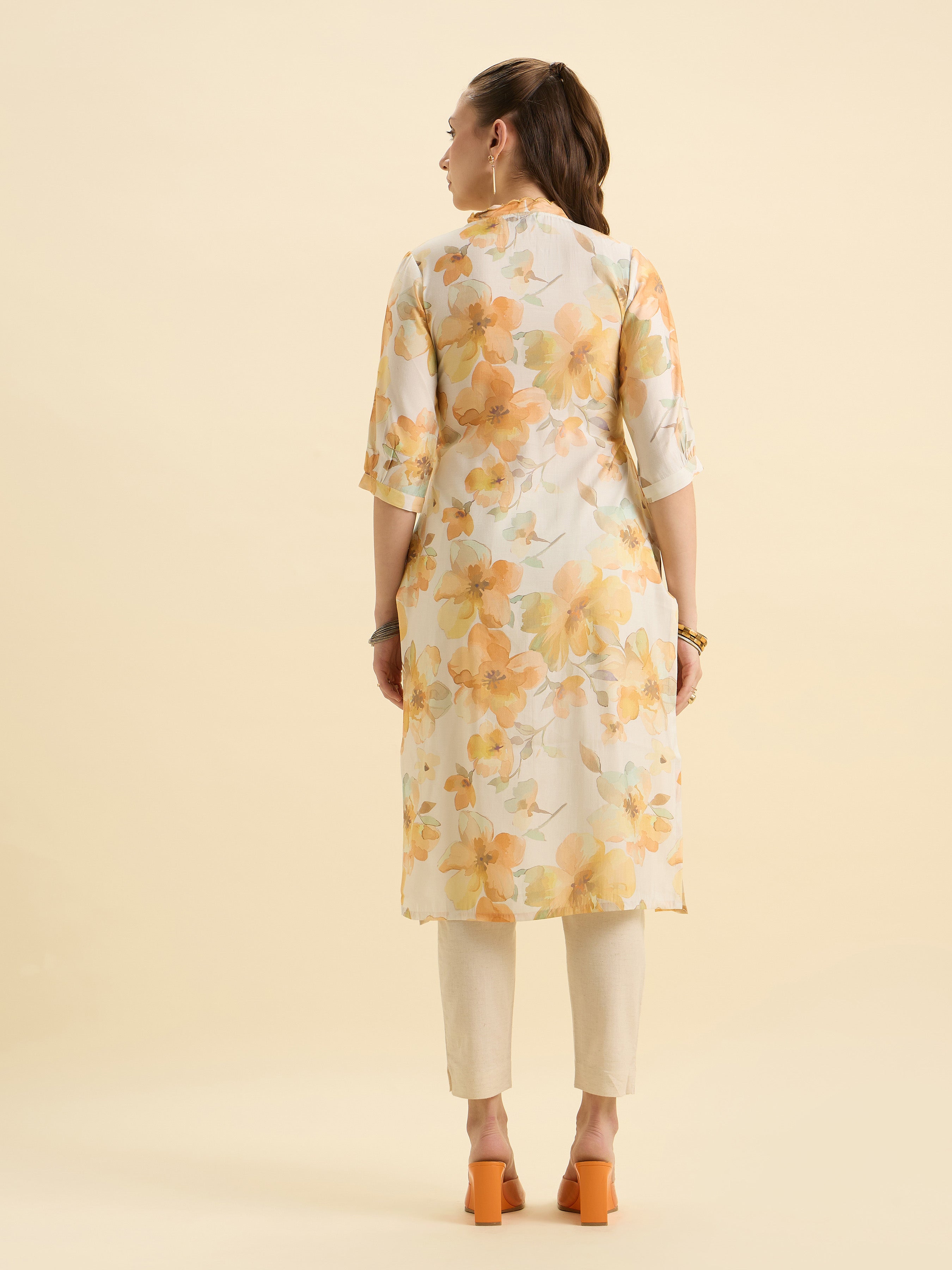 White Multicolour Modal Chanderi Printed Slited Kurti With Box Pleat And Scallop Embroidery