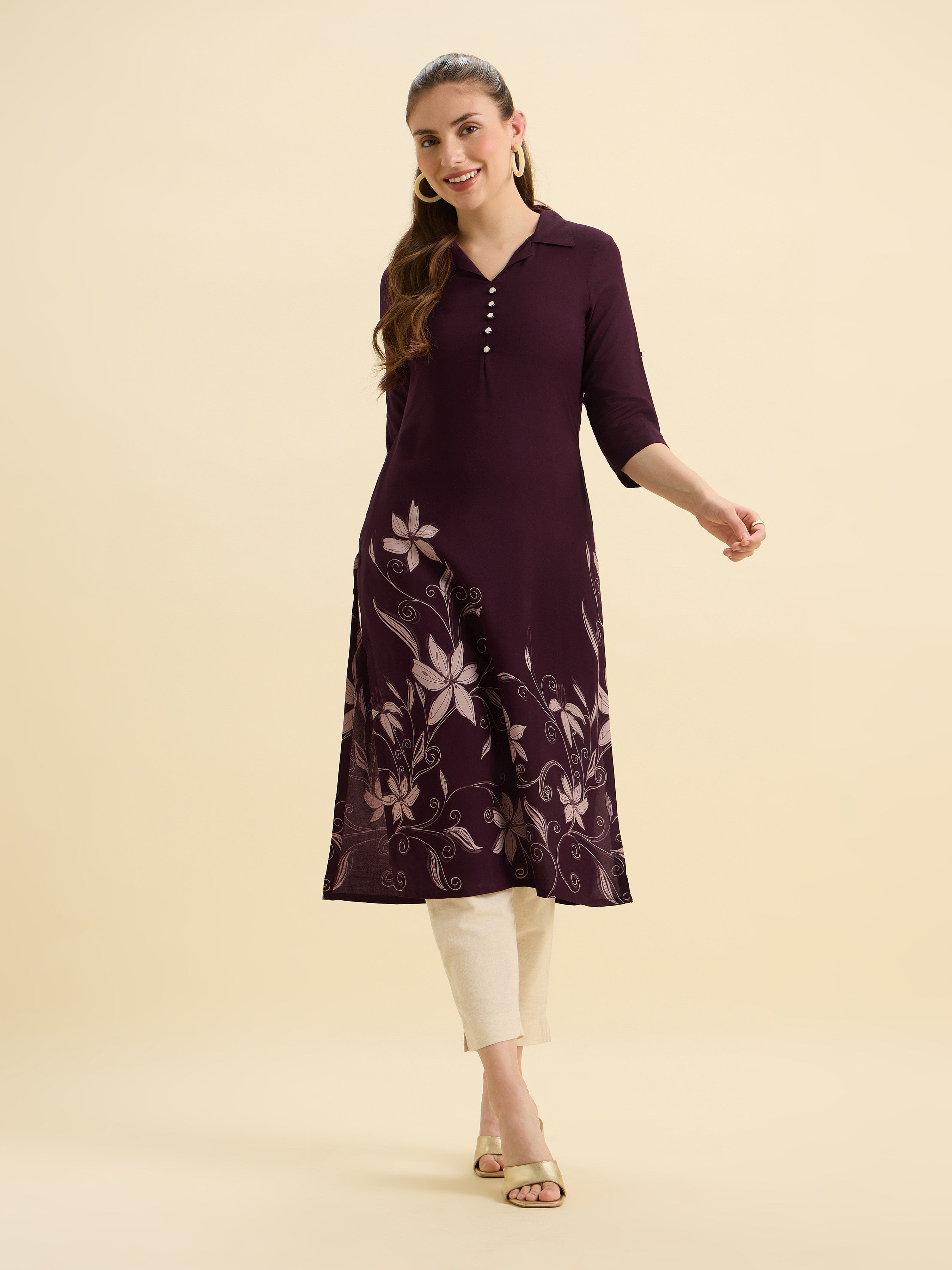 Wine Ivory Viscose Printed Flared Kurti
