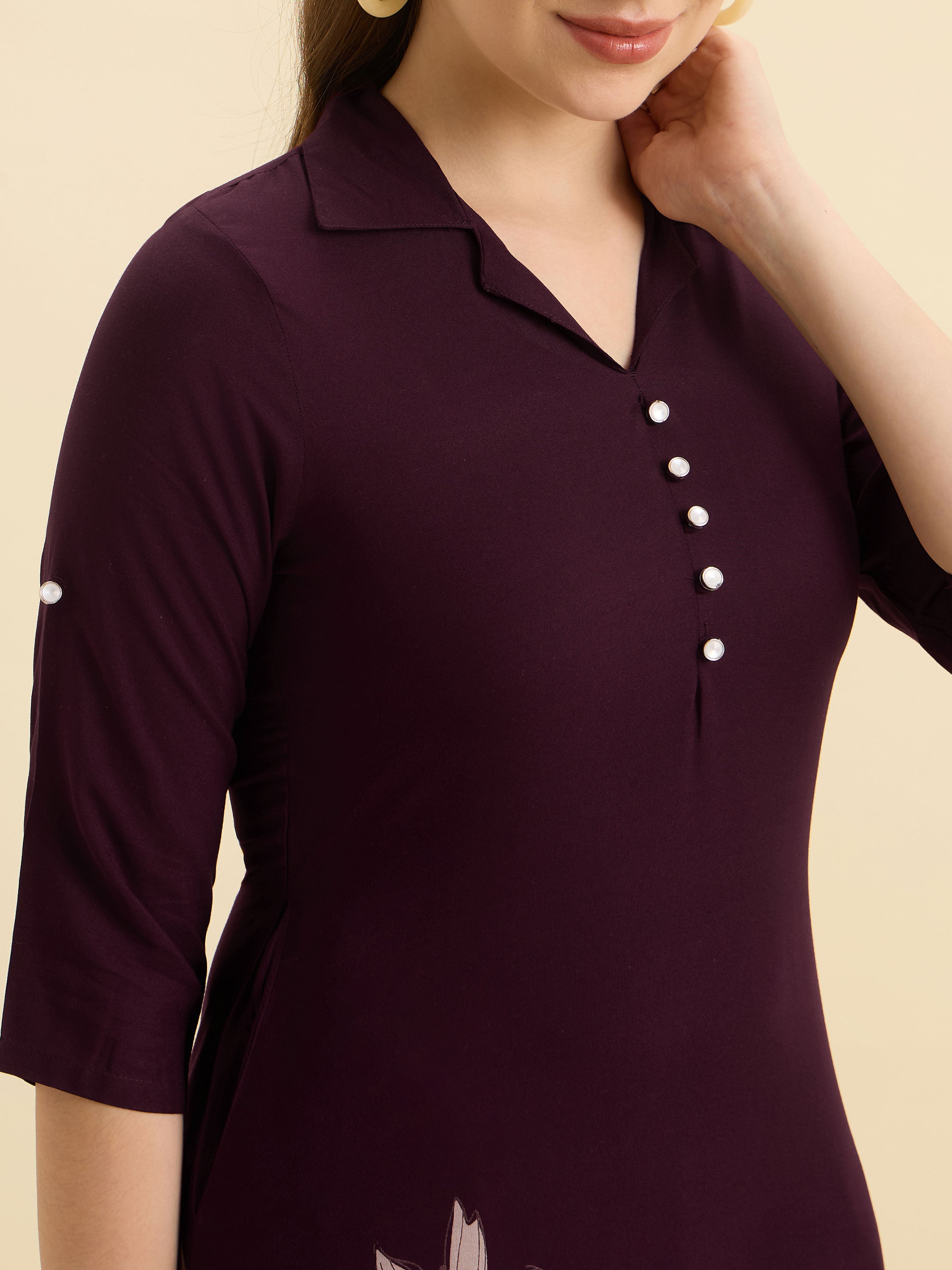 Wine Ivory Viscose Printed Flared Kurti