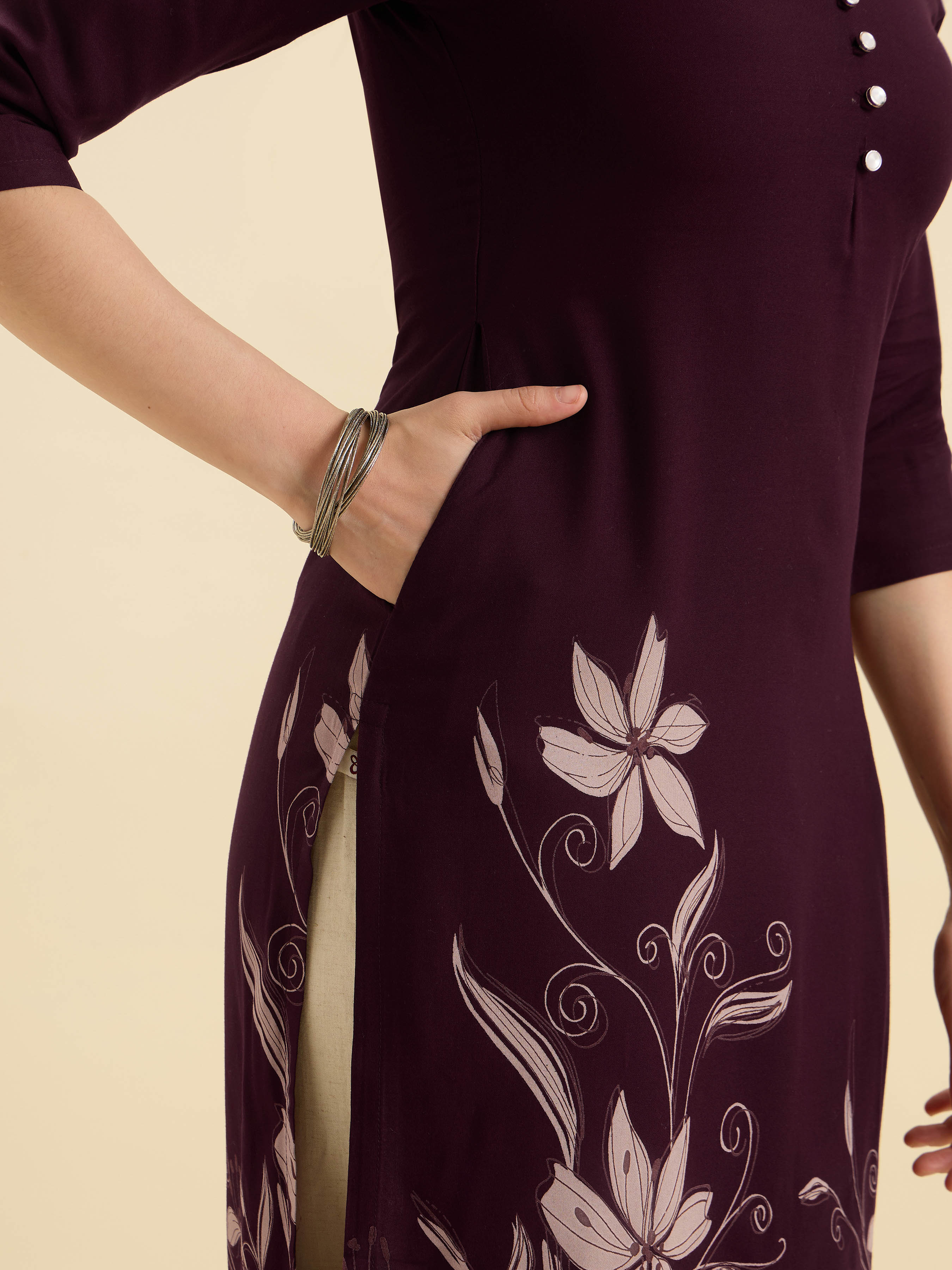 Wine Ivory Viscose Printed Flared Kurti