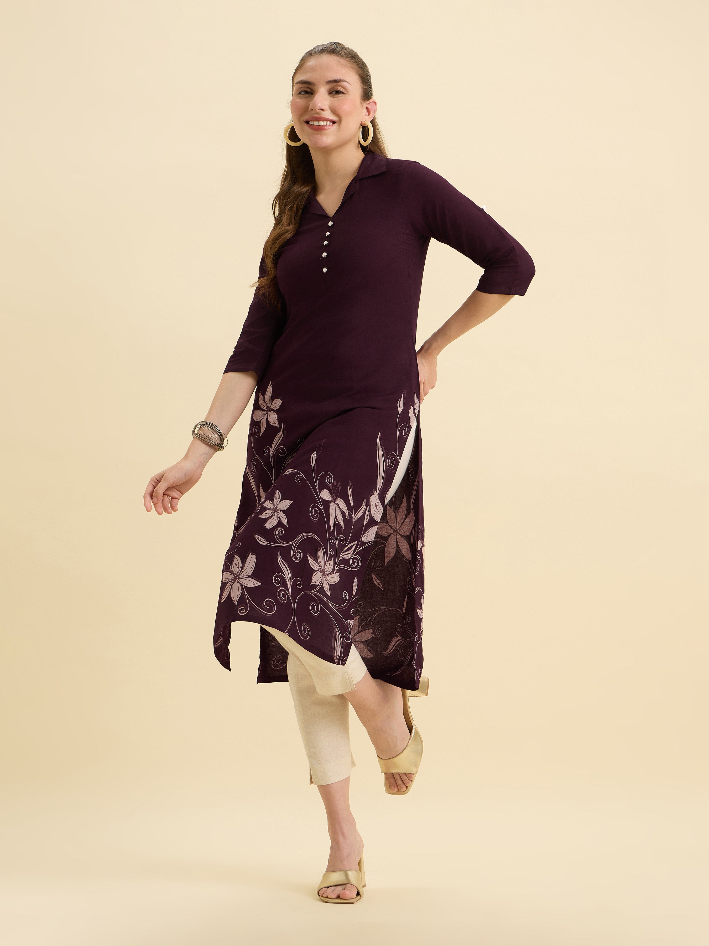 Wine Ivory Viscose Printed Flared Kurti