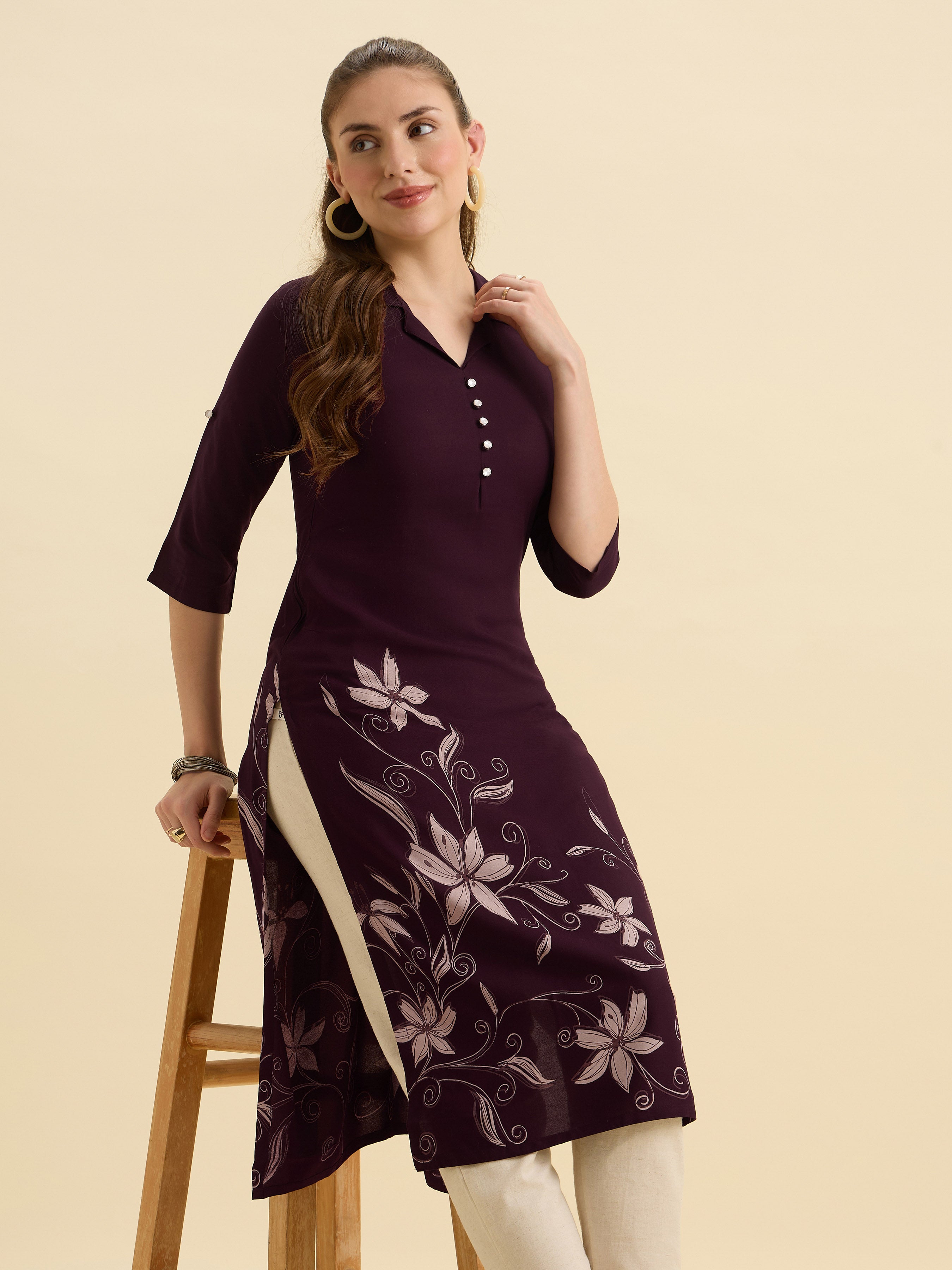 Wine Ivory Viscose Printed Flared Kurti