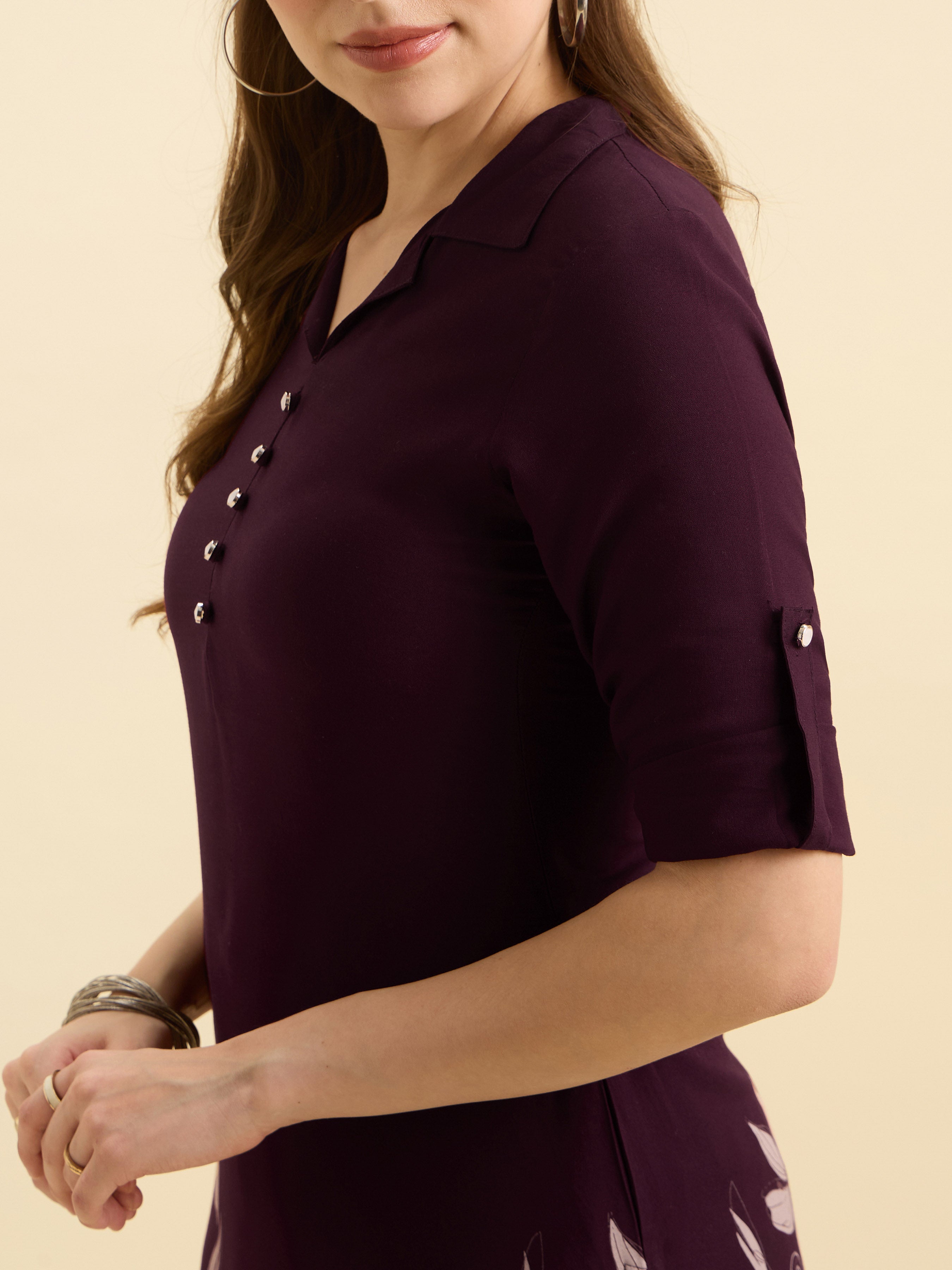 Wine Ivory Viscose Printed Flared Kurti