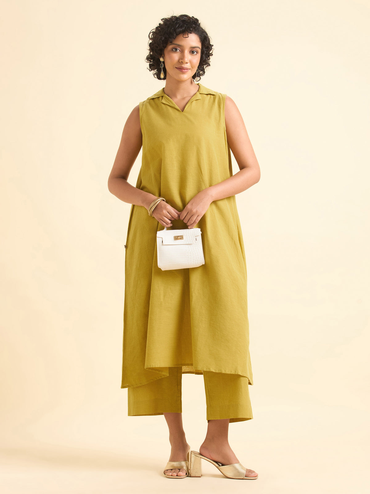Yellow Cotton Flax Plain Relaxed Fit Kurti Set