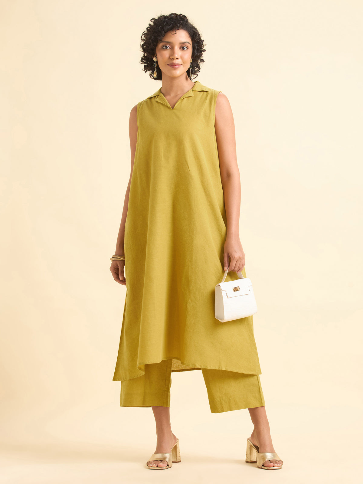 Yellow Cotton Flax Plain Relaxed Fit Kurti Set