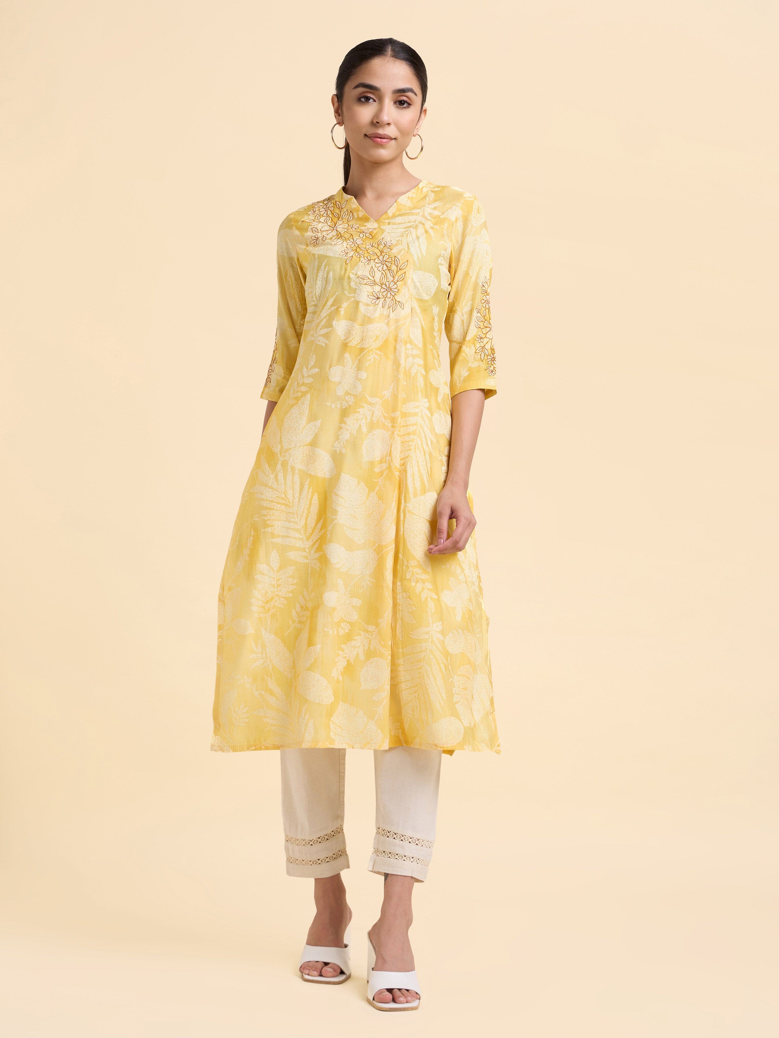 Yellow Ivory Modal Chanderi Printed Slitted Kurti With Embroidery And Sequins Work